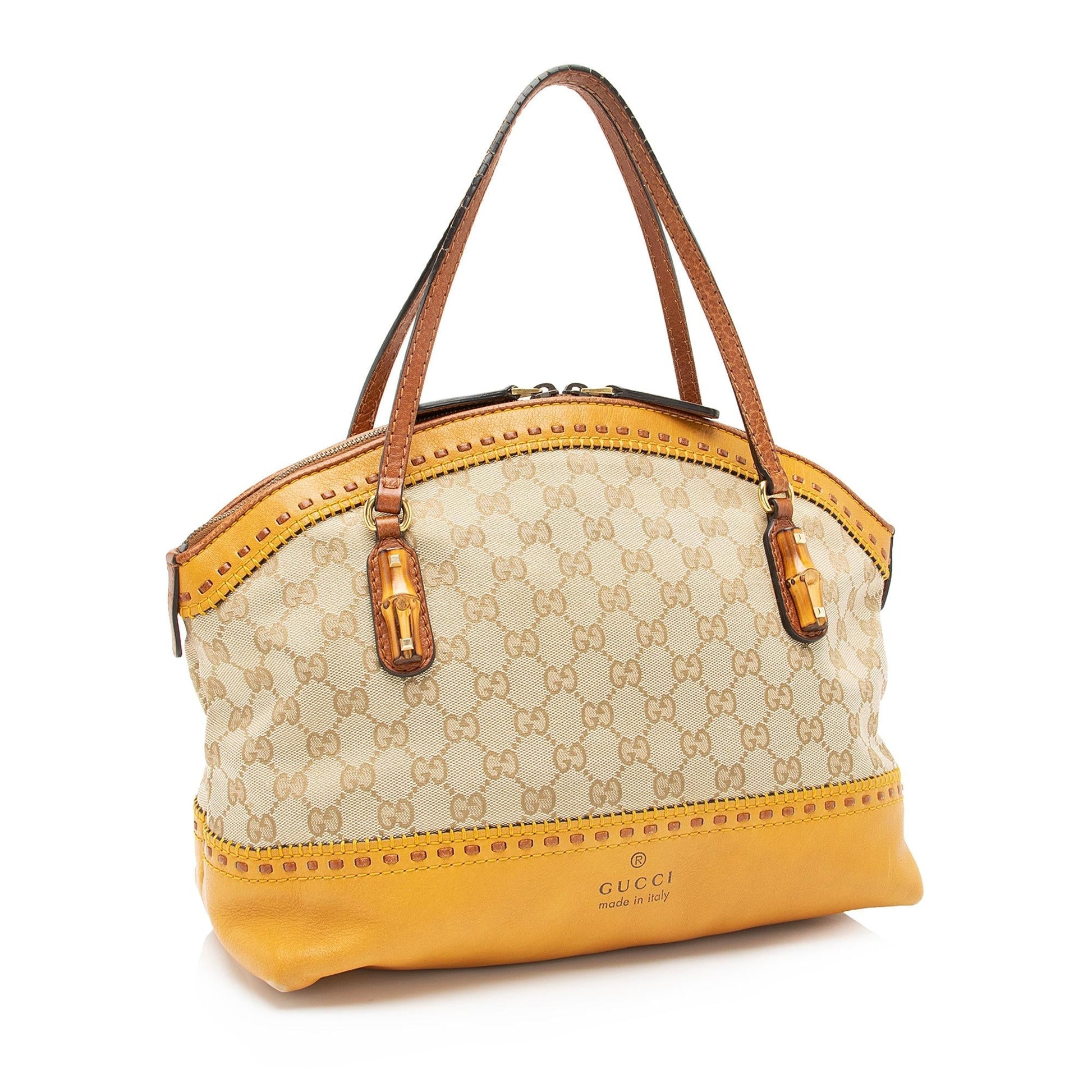 Gucci GG Bamboo Laidback Crafty Dome Leather Canvas Beige Satchel Bag