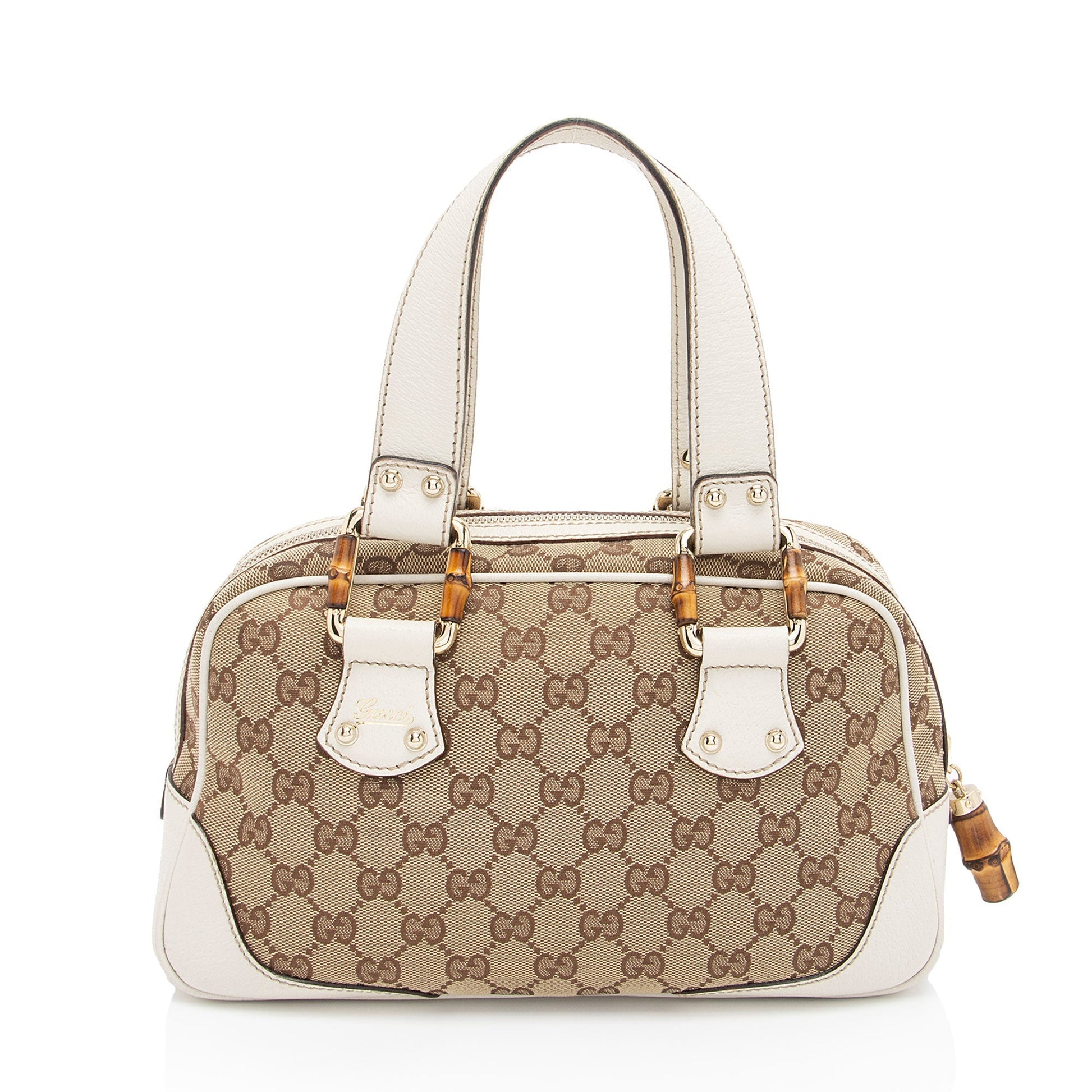 Gucci GG Bamboo SHF-yKtYU5 Leather Canvas White Beige Satchel Bag