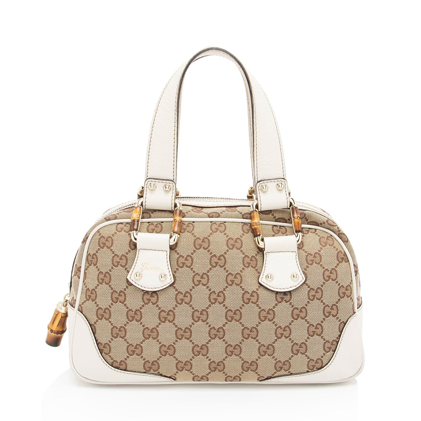 Gucci GG Bamboo SHF-yKtYU5 Leather Canvas White Beige Satchel Bag