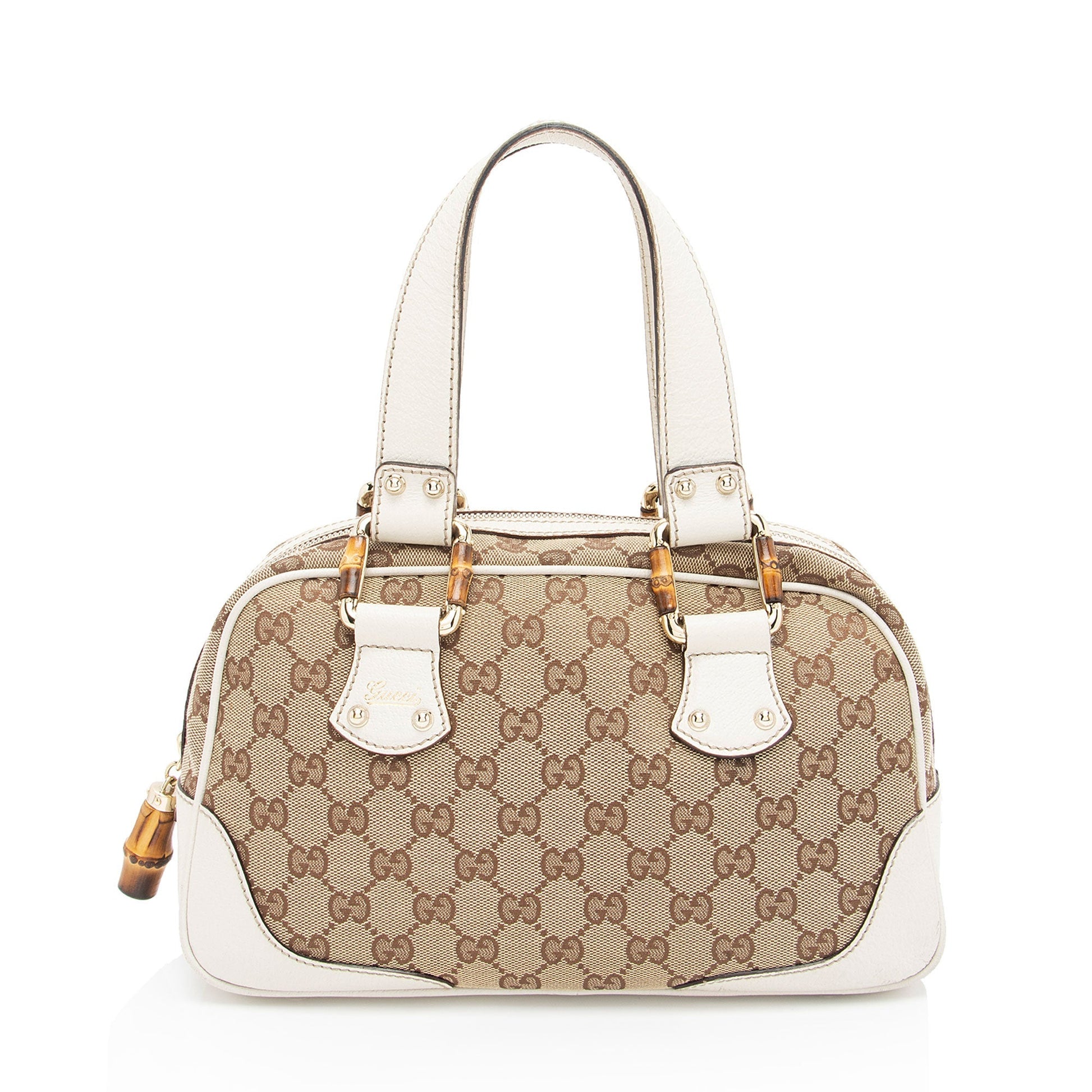 Gucci GG Bamboo SHF-yKtYU5 Leather Canvas White Beige Satchel Bag