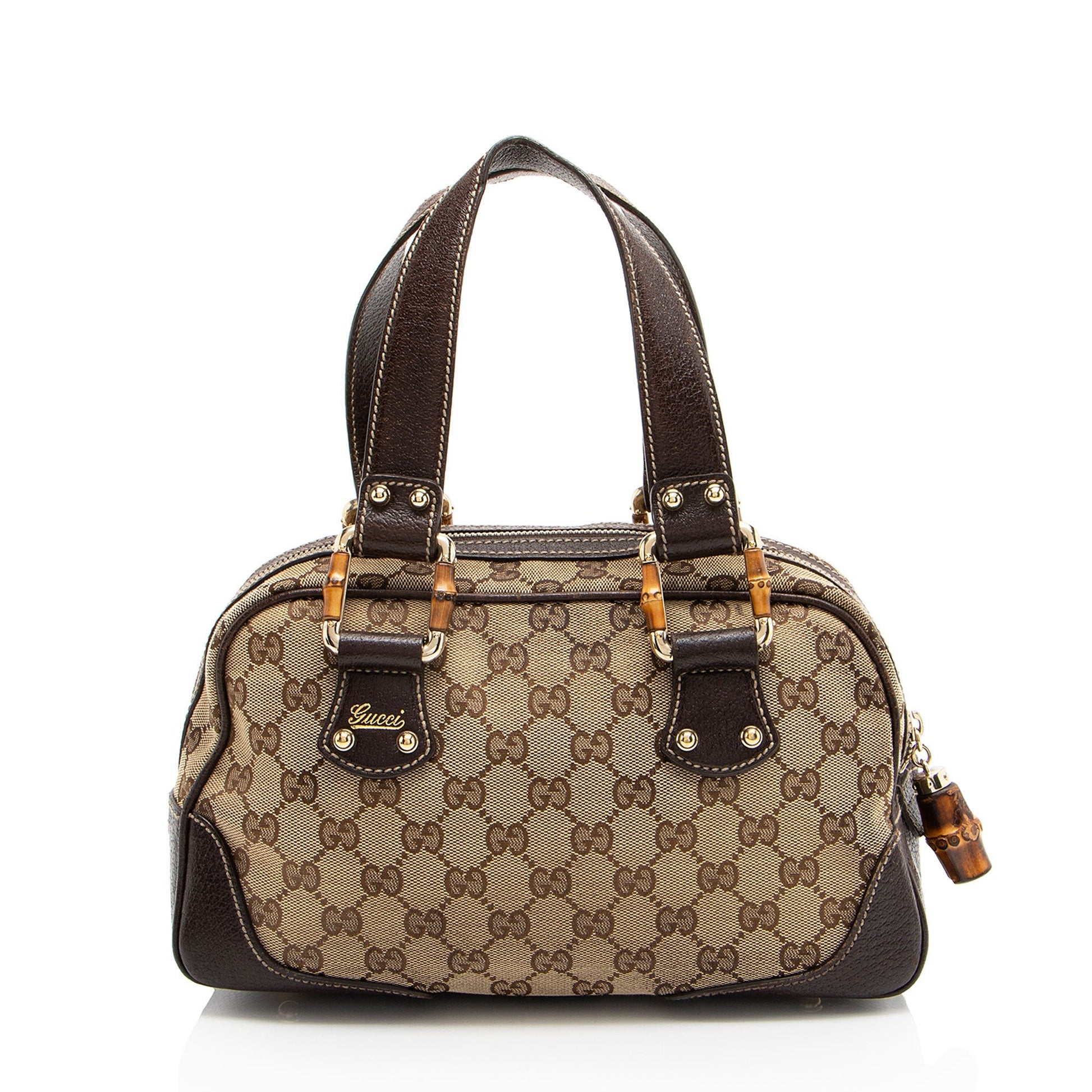 Gucci GG Bamboo Leather Canvas Brown Beige Satchel Bag