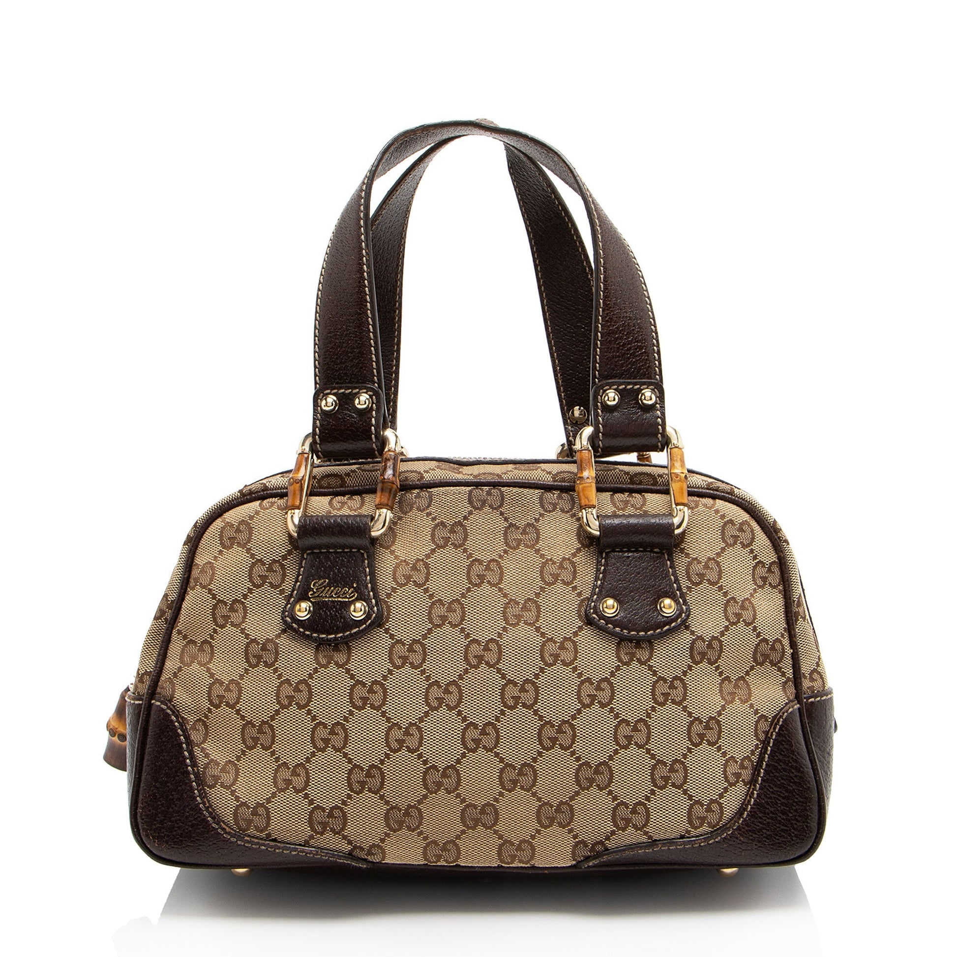 Gucci GG Bamboo Leather Canvas Brown Beige Satchel Bag