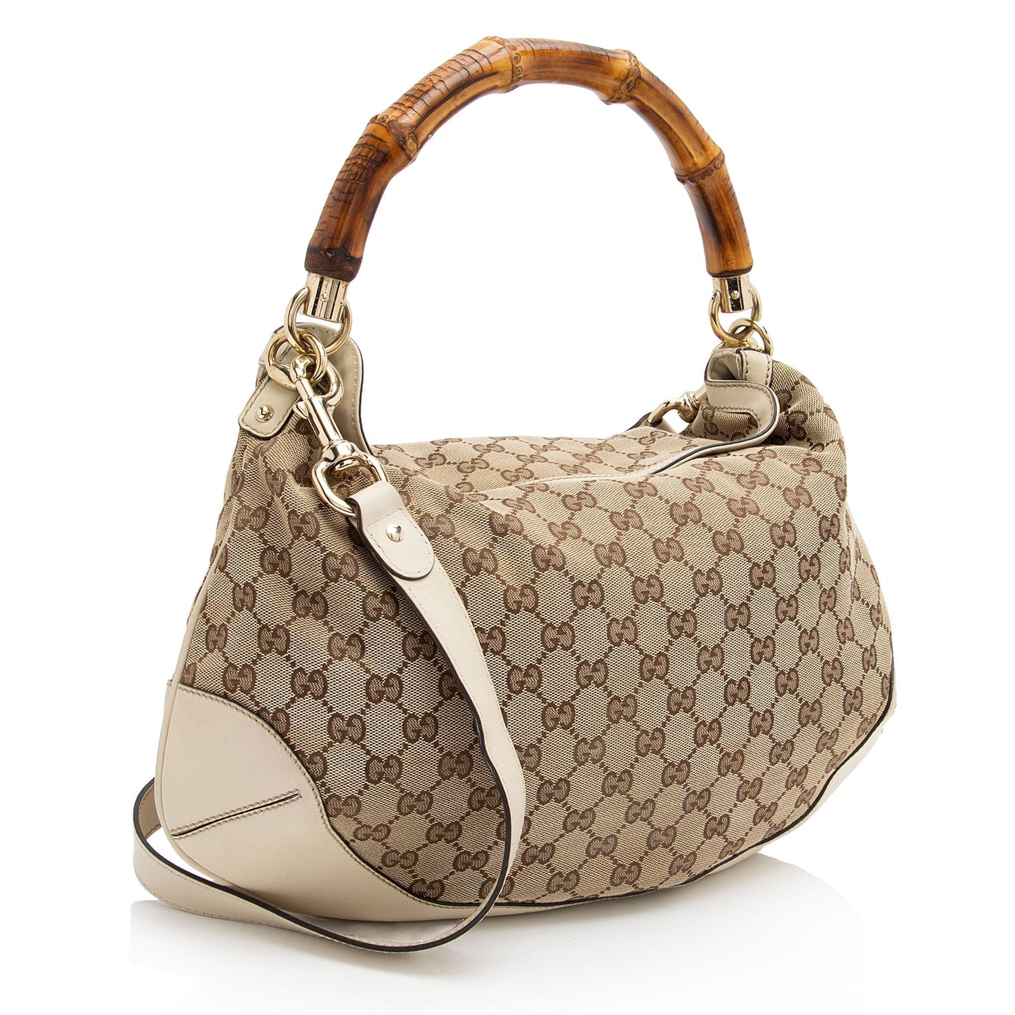 Gucci GG Bamboo Peggy SHF-Ygbm96 Leather Canvas White Beige Shoulder Bag