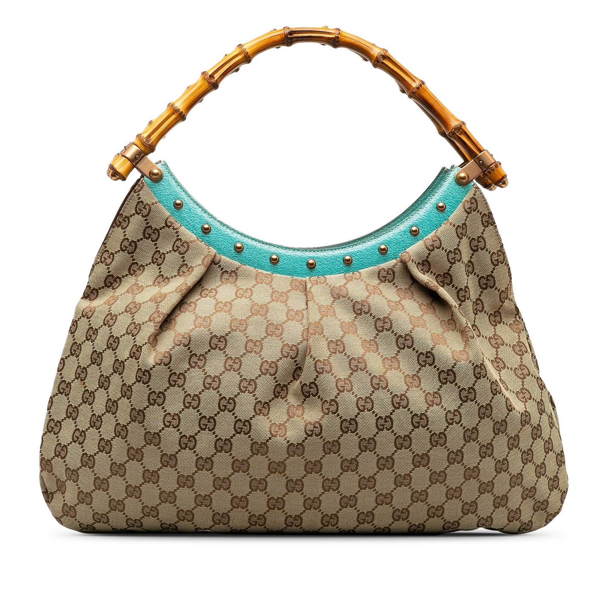 Gucci GG Bamboo Studded SHG-7VMhOz Canvas Calf Brown Blue Satchel Bag
