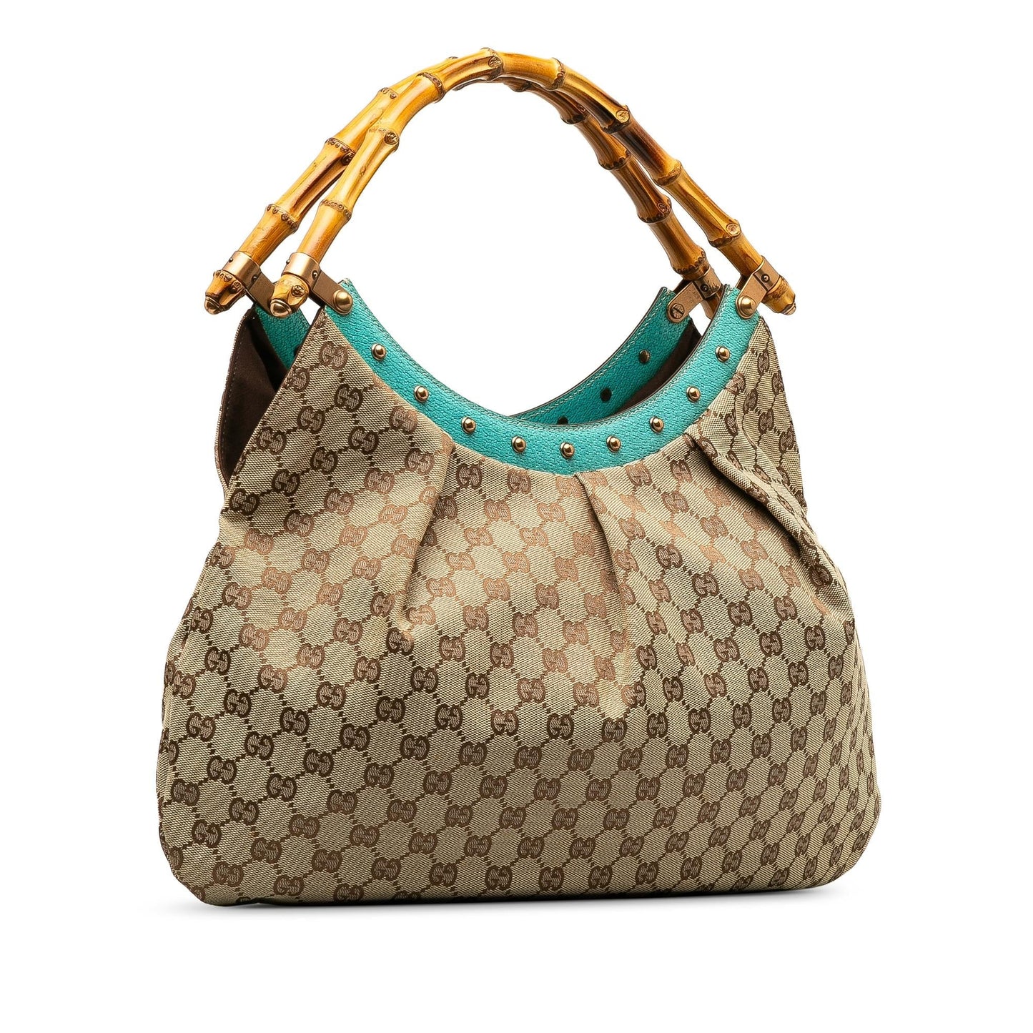 Gucci GG Bamboo Studded SHG-7VMhOz Canvas Calf Brown Blue Satchel Bag