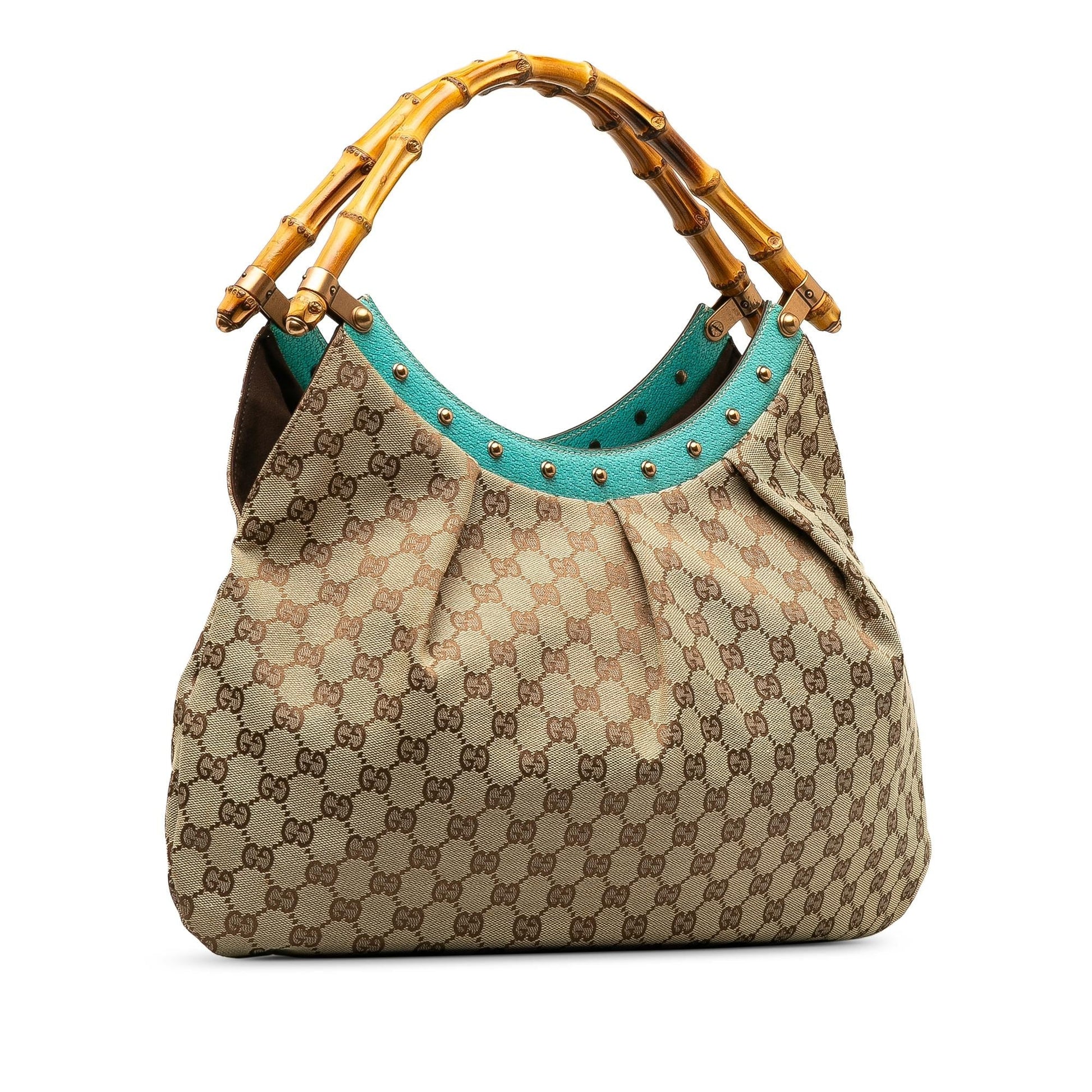 Gucci GG Bamboo Studded SHG-7VMhOz Canvas Calf Brown Blue Satchel Bag
