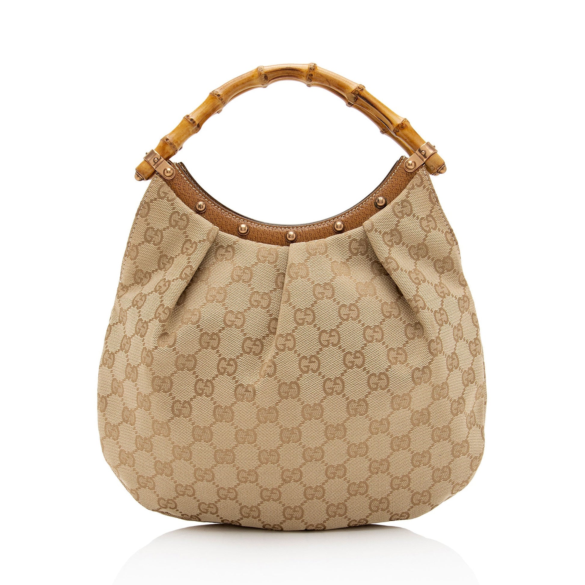 Gucci GG Bamboo Studded SHF-EISNu2 Leather Canvas Brown Beige Shoulder Bag
