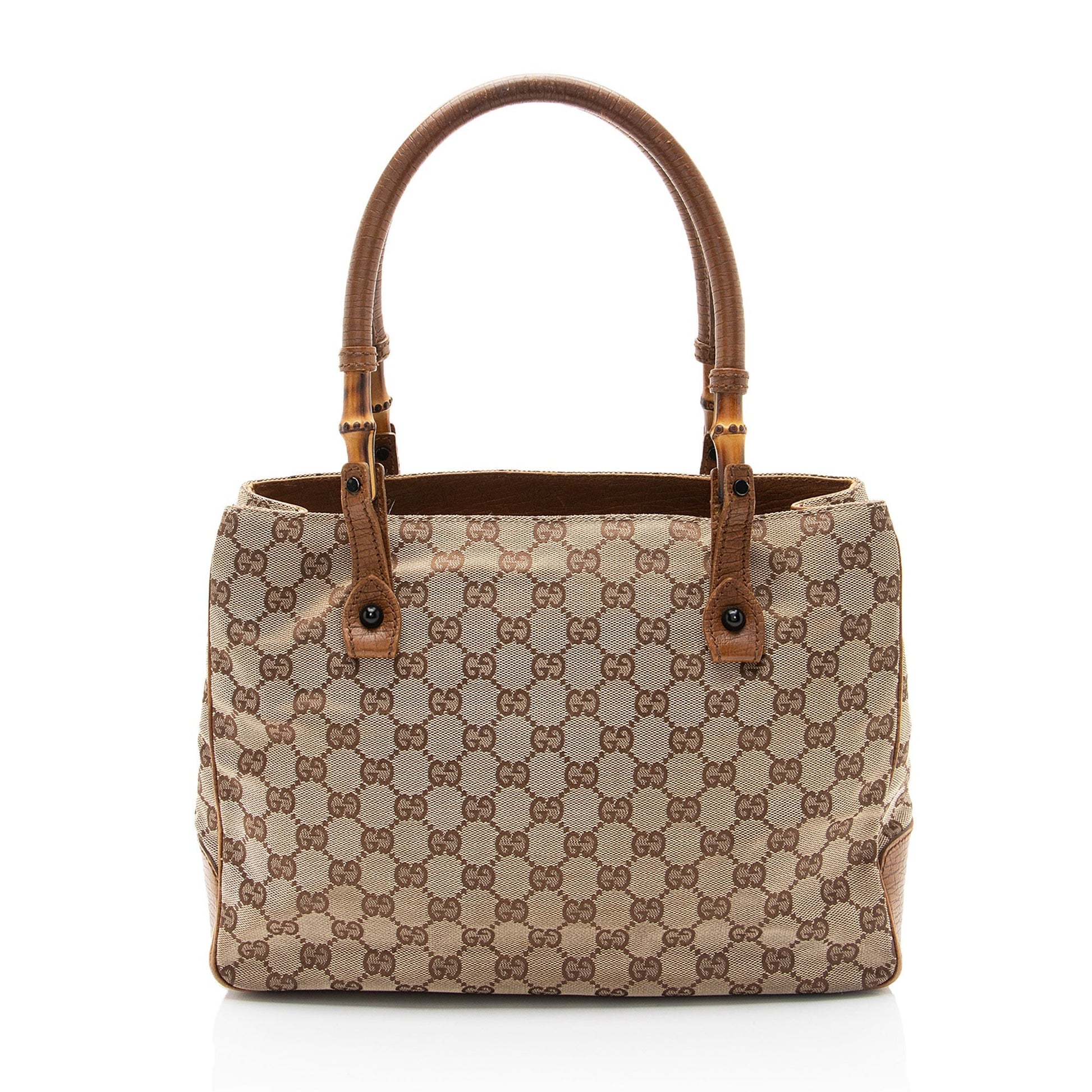 Gucci GG Bamboo SHF-CF73dz Leather Canvas Brown Beige Tote Bag