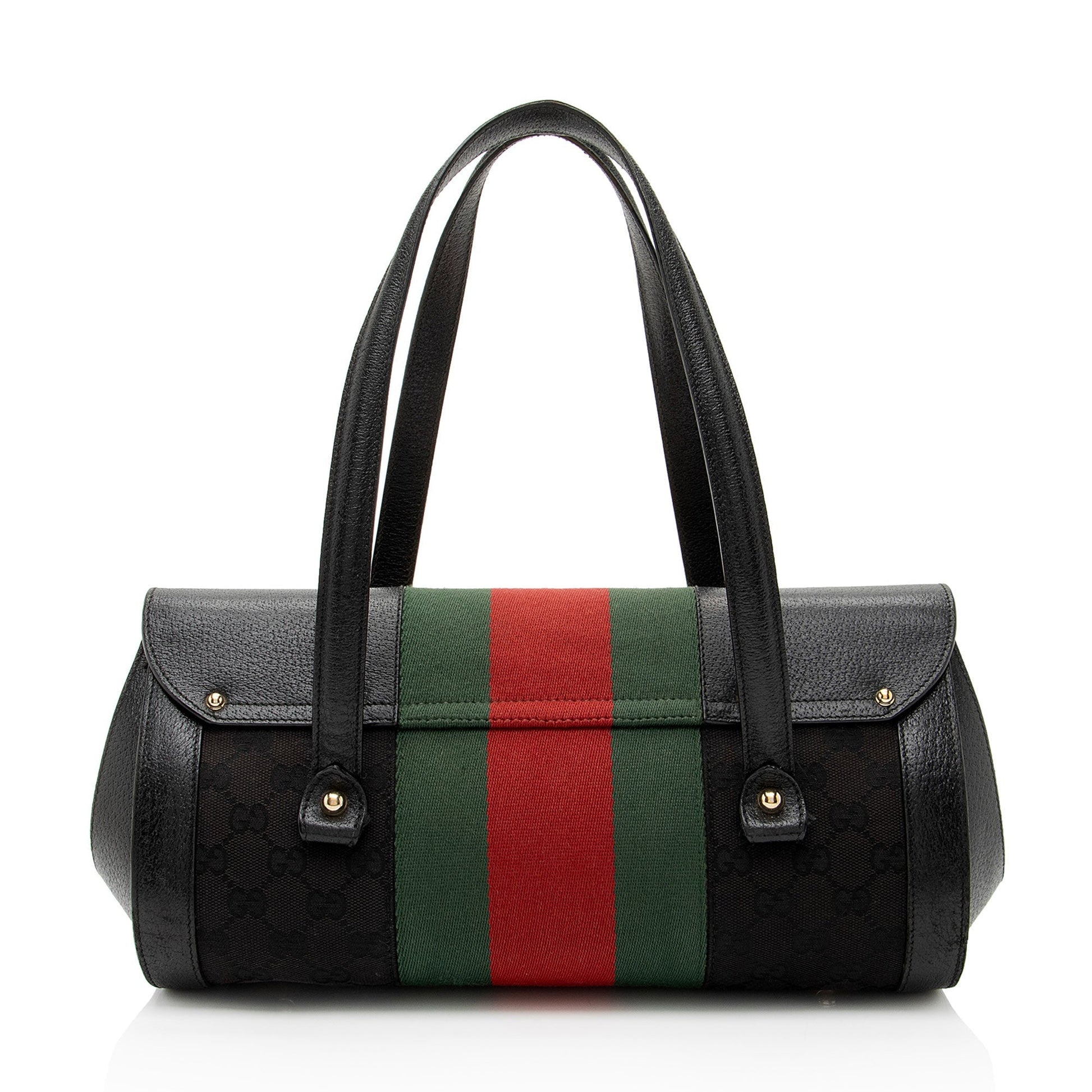 Gucci Studded Web Bamboo Bullet Leather Canvas Nylon Black Satchel Bag