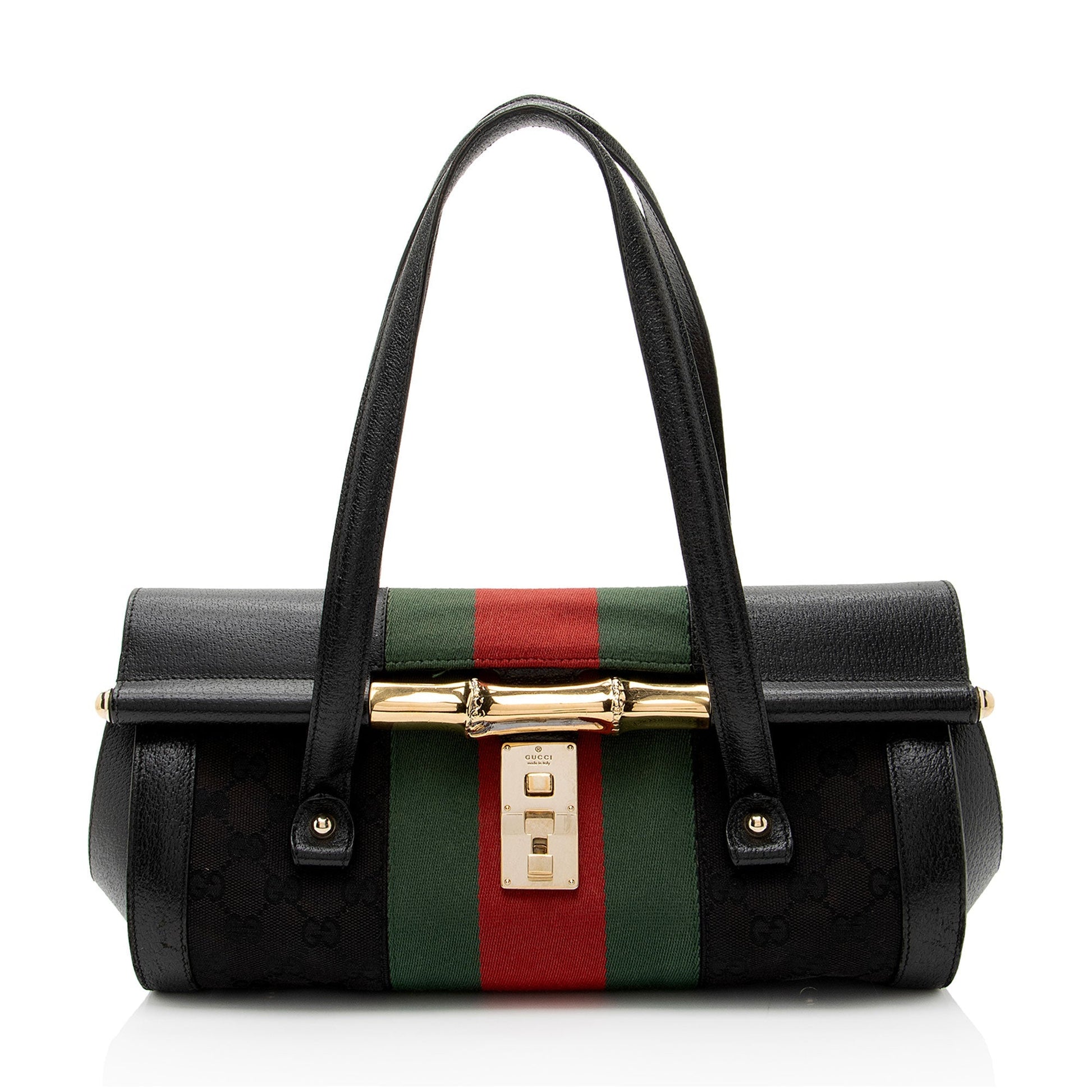 Gucci Studded Web Bamboo Bullet Leather Canvas Nylon Black Satchel Bag