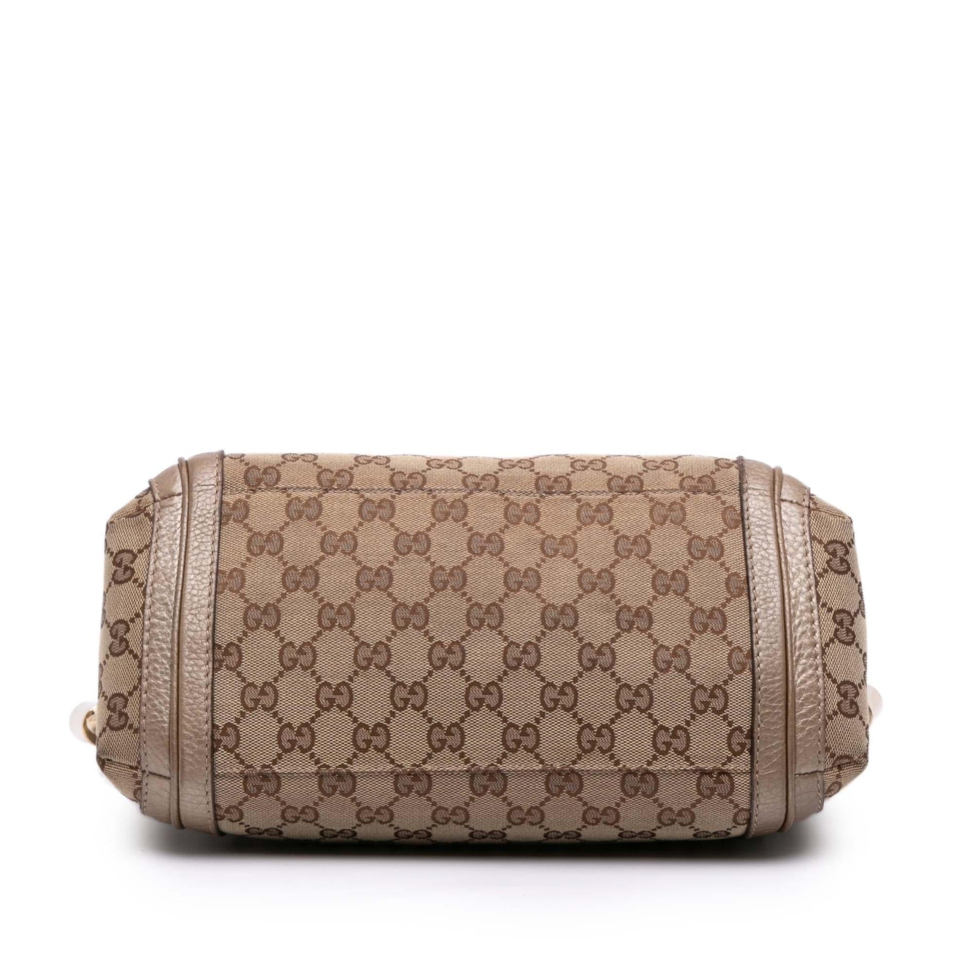 Gucci GG Bella Flap Canvas Calf Brown Gold Satchel Bag