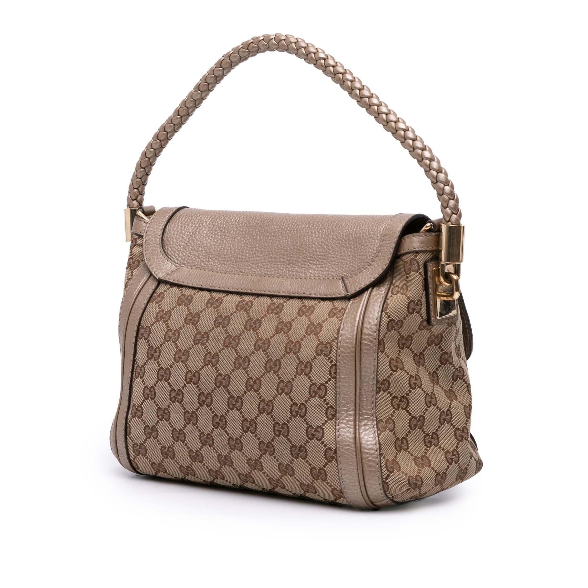 Gucci GG Bella Flap Canvas Calf Brown Gold Satchel Bag