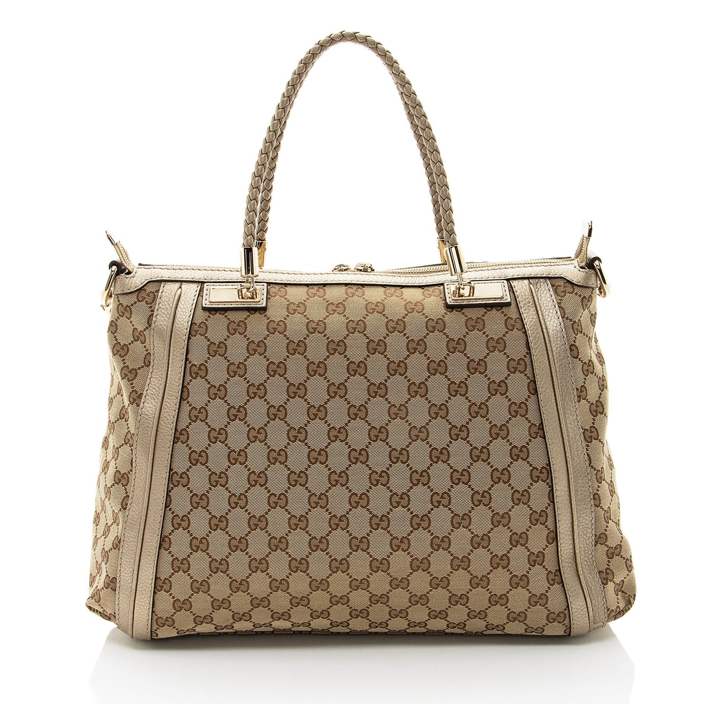 Gucci GG Bella Leather Canvas Brown Gold Tote Bag