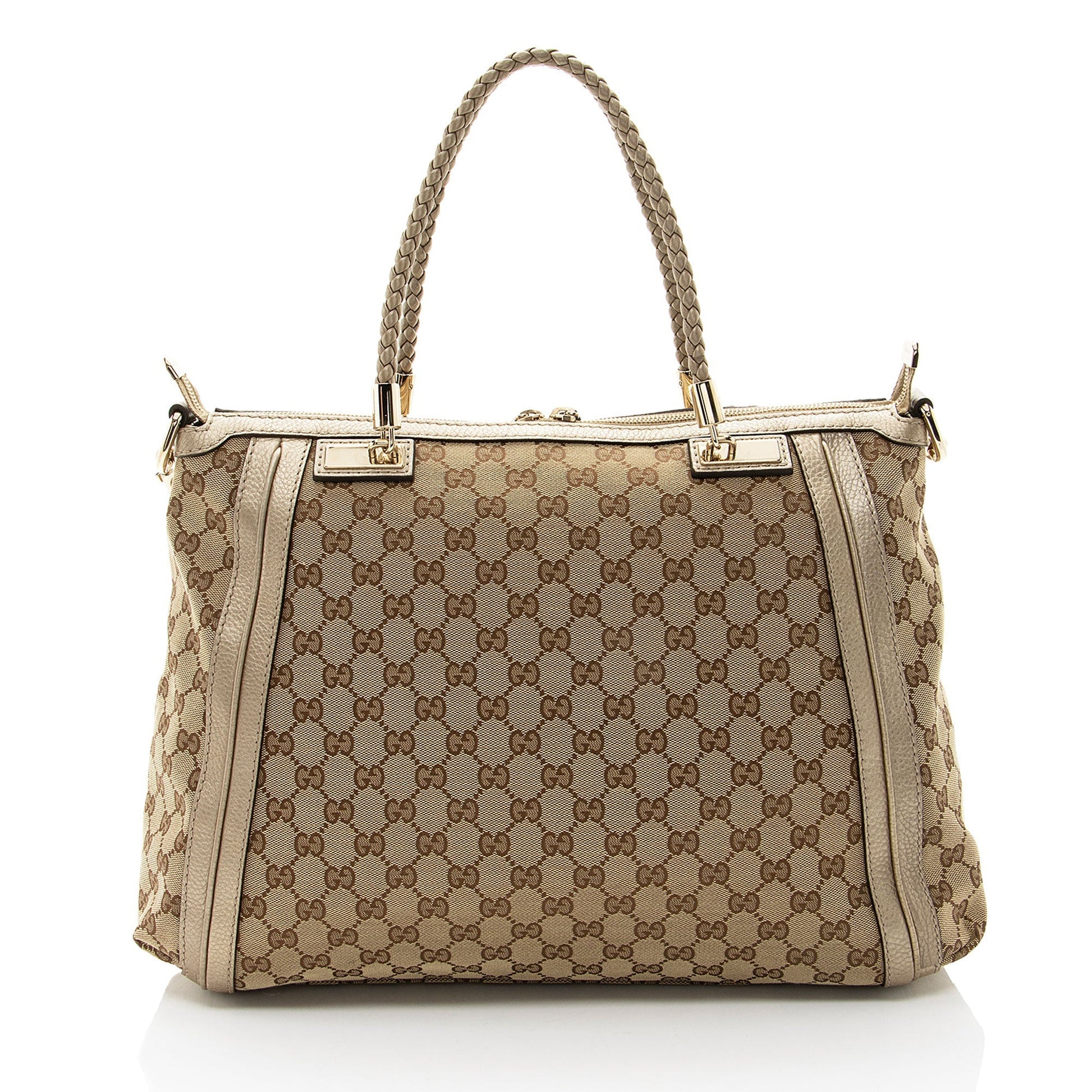 Gucci GG Bella Leather Canvas Brown Gold Tote Bag