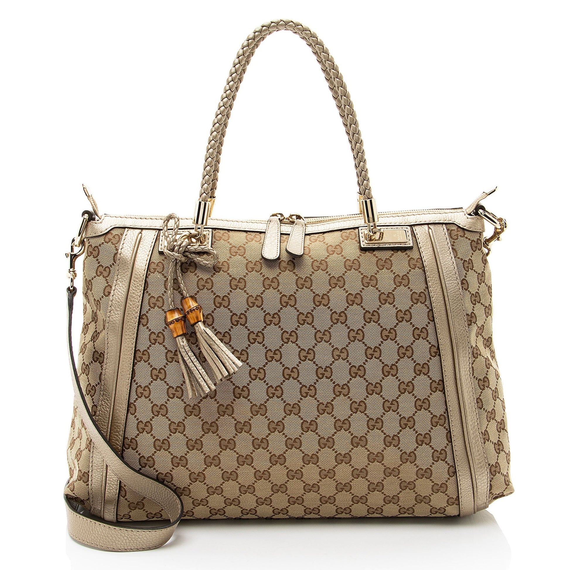 Gucci GG Bella Leather Canvas Brown Gold Tote Bag