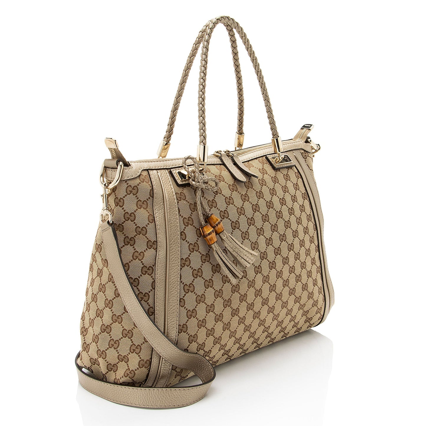 Gucci GG Bella Leather Canvas Brown Gold Tote Bag