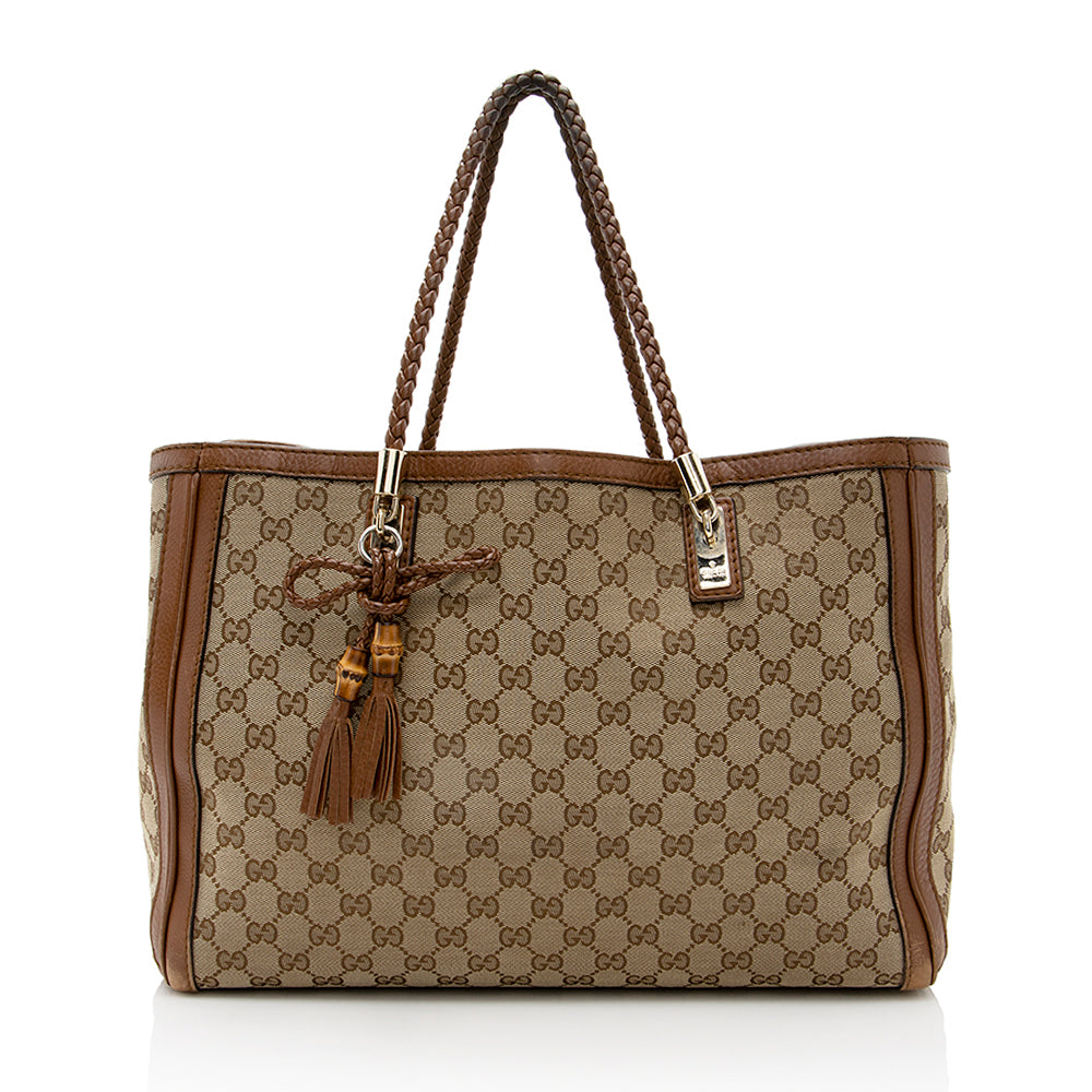 Gucci GG Bella SHF Leather Canvas Brown Beige Tote Bag Tote Shf