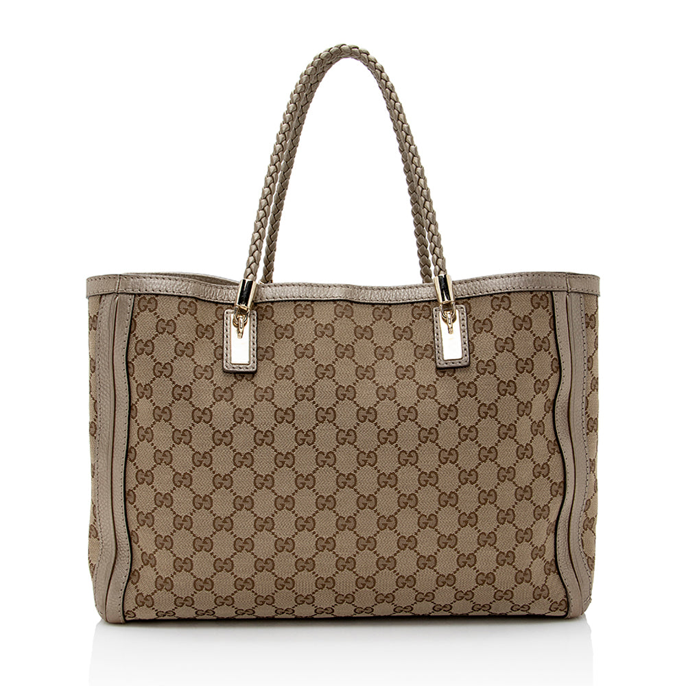 Gucci GG Bella SHF Leather Canvas Beige Gold Tote Bag