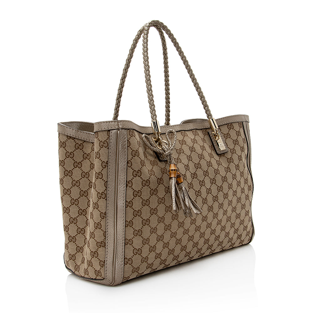 Gucci GG Bella SHF Leather Canvas Beige Gold Tote Bag