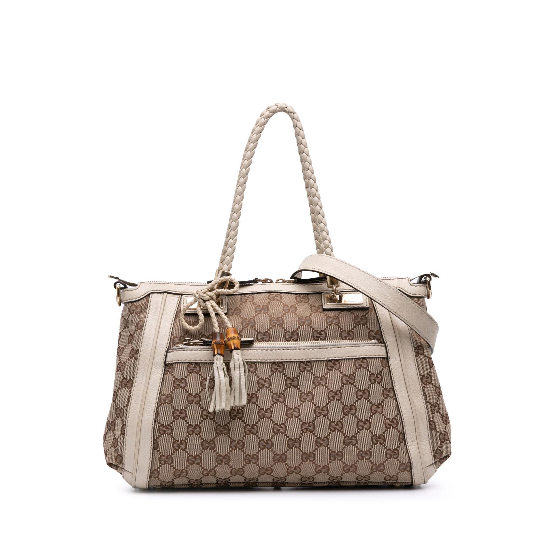 Gucci GG Bella Canvas Calf White Brown Satchel Bag