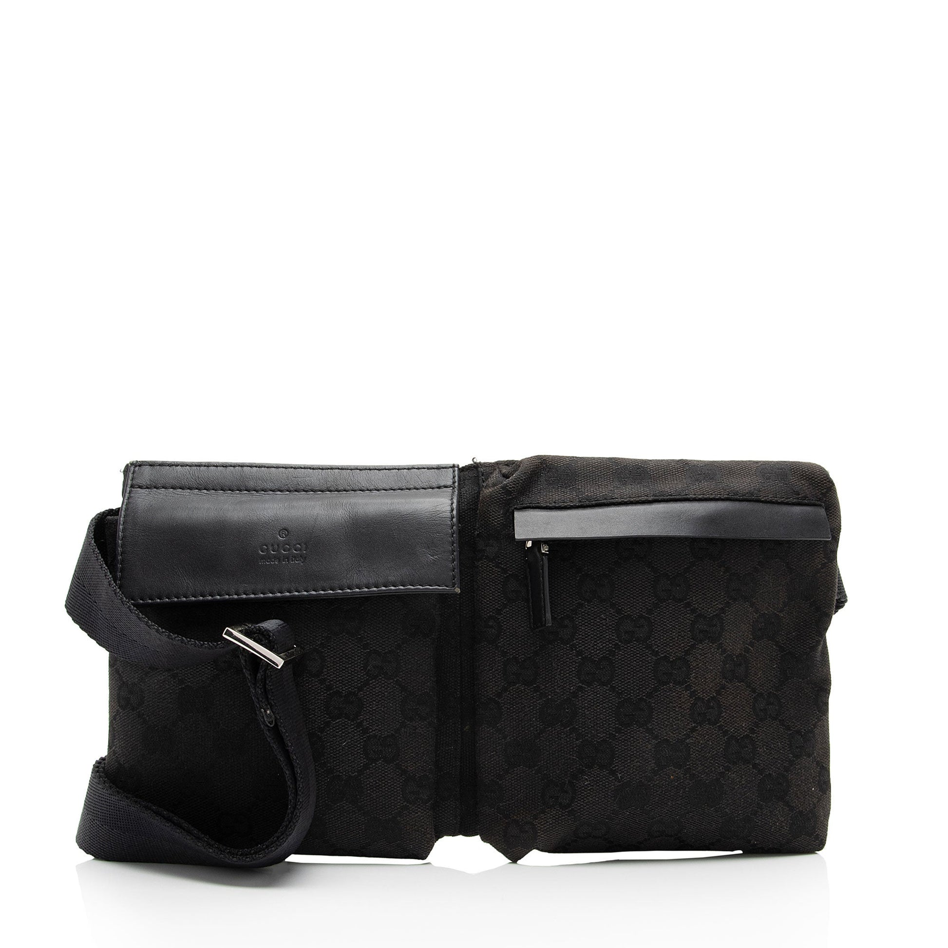 Gucci GG Double Pocket Belt SHF-4RHCaN Leather Canvas Black Accessory
