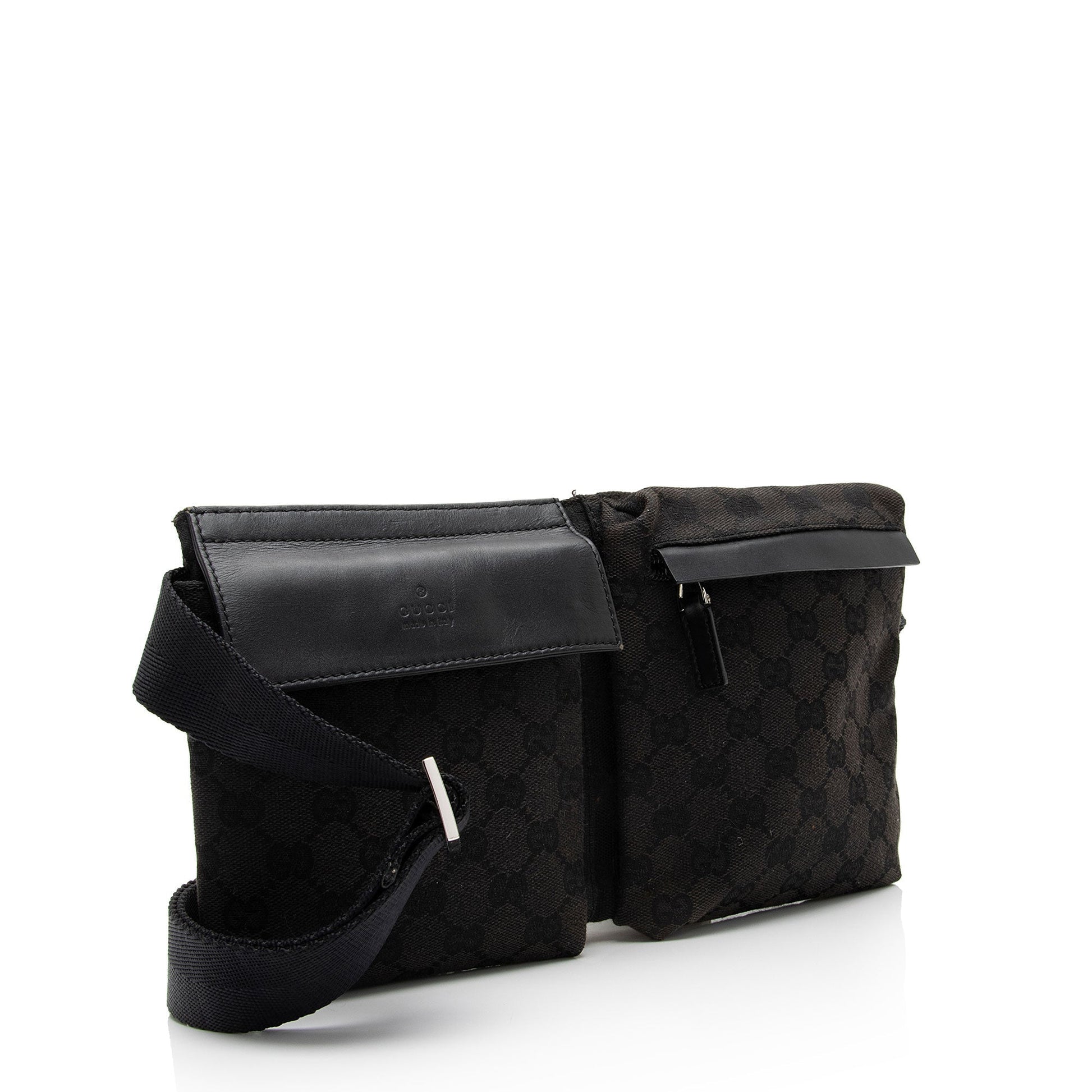 Gucci GG Double Pocket Belt SHF-4RHCaN Leather Canvas Black Accessory