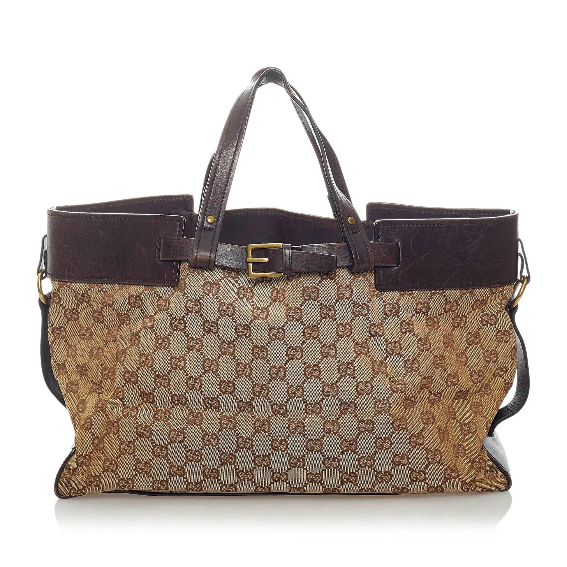 Gucci GG Belt SHG Canvas Calf Brown Accessory