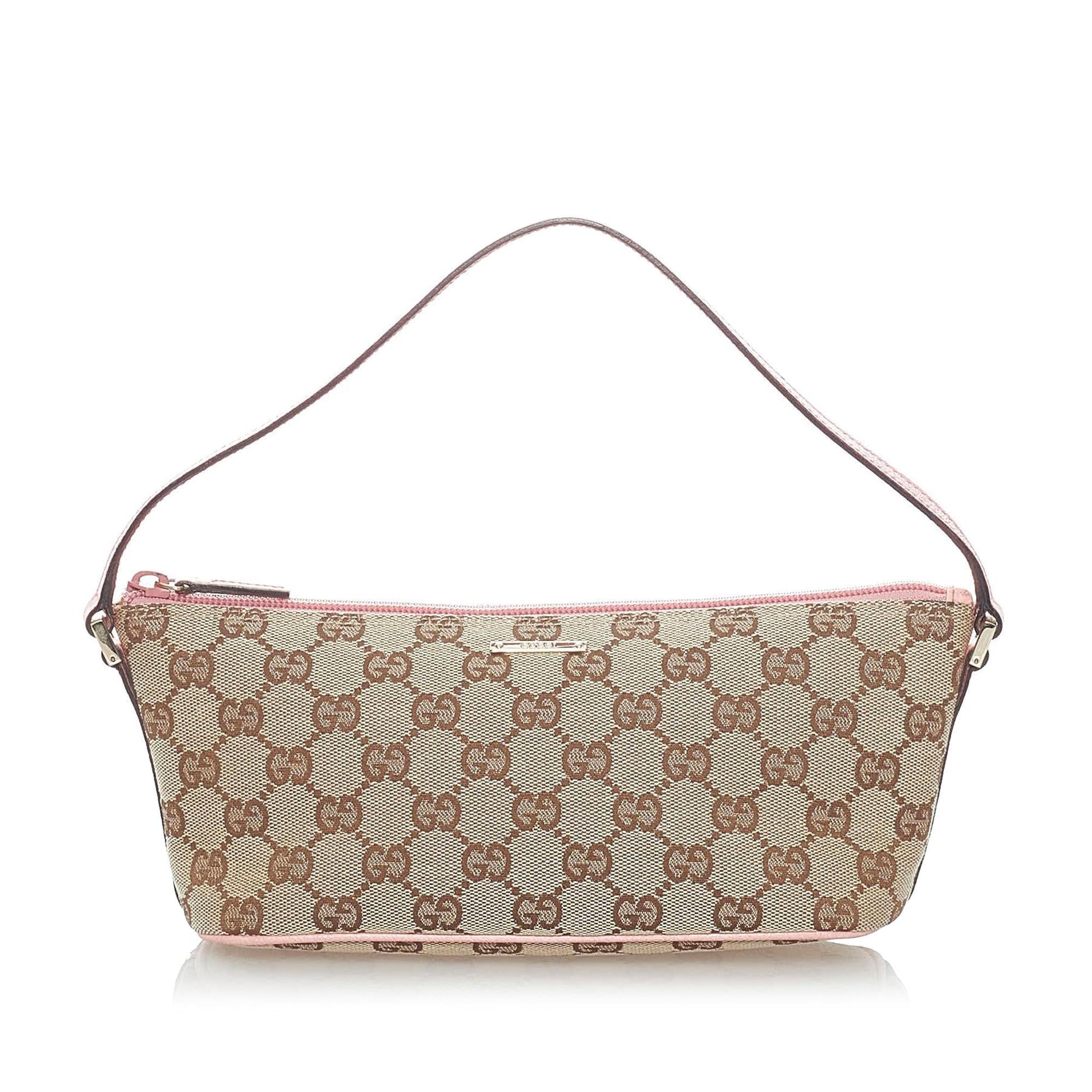 Gucci GG Boat Baguette SHG Canvas Brown Pink Handbag