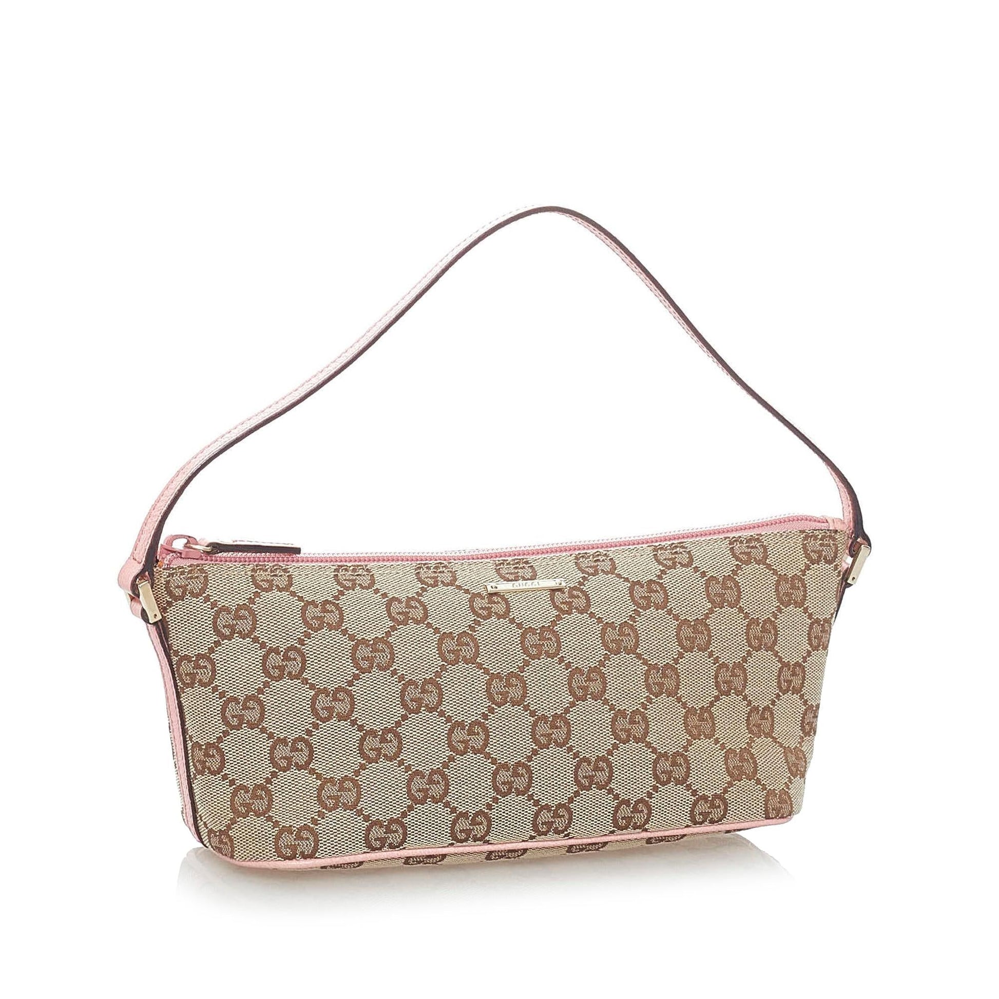 Gucci GG Boat Baguette SHG Canvas Brown Pink Handbag