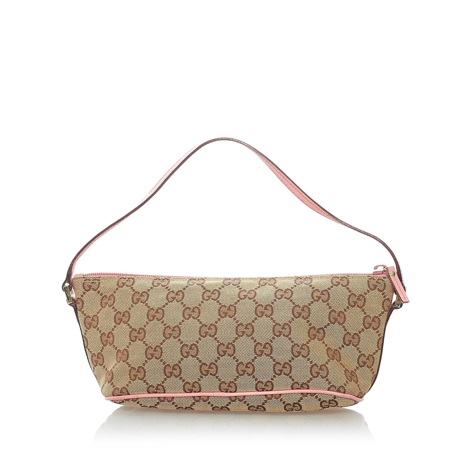 Gucci GG Boat Baguette SHG Canvas Brown Pink Handbag Baguette Shg