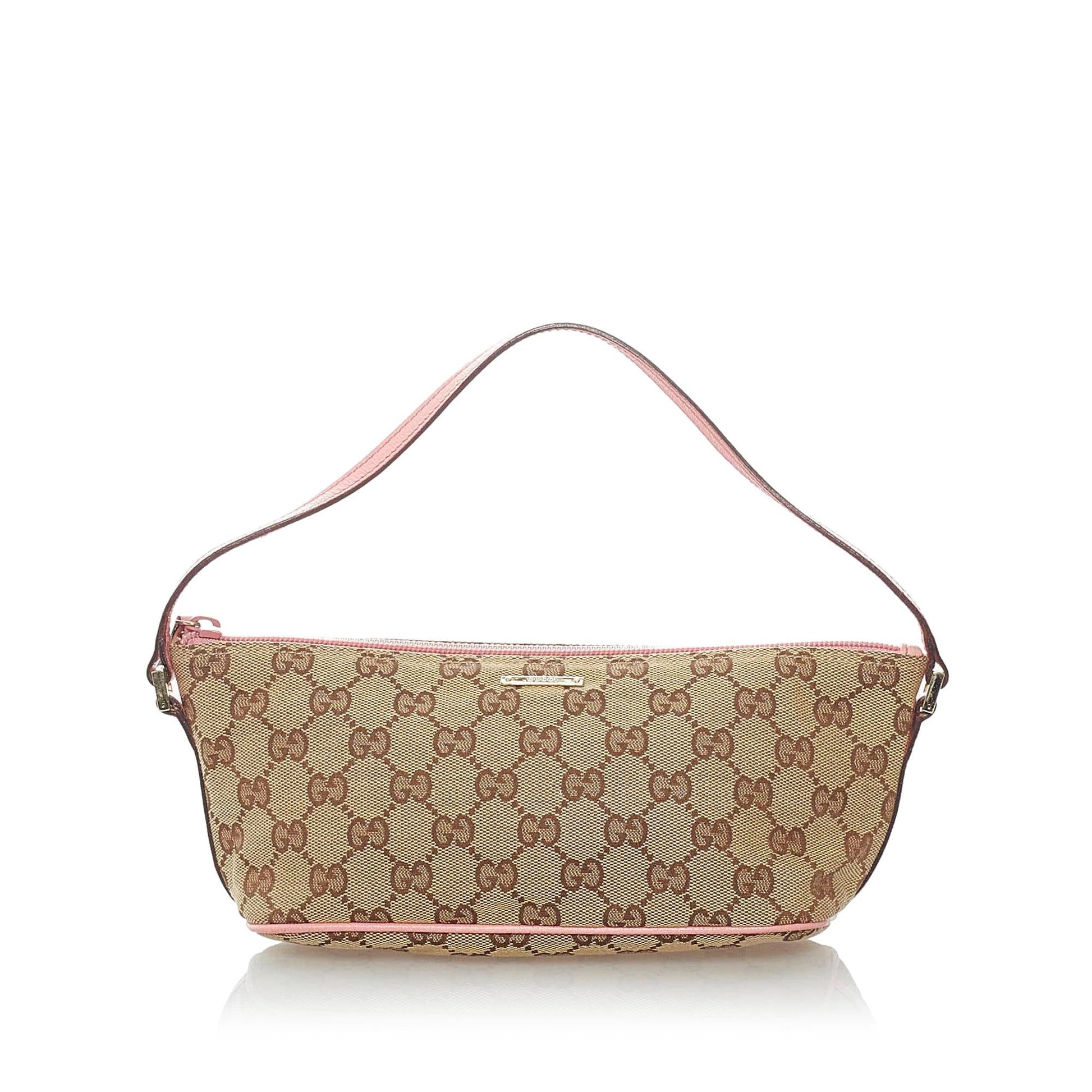 Gucci GG Boat Baguette SHG Canvas Brown Pink Handbag Baguette Shg