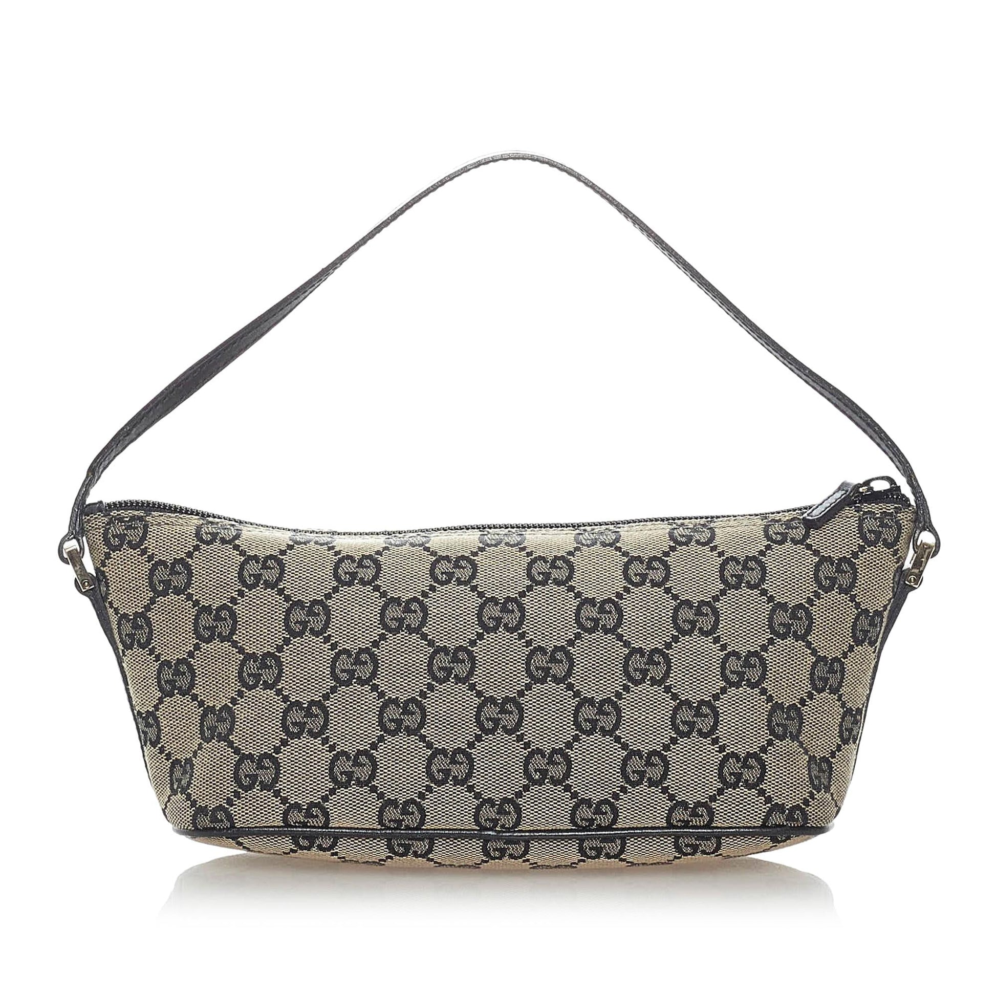 Gucci GG Boat Baguette SHG Canvas Black Brown Handbag