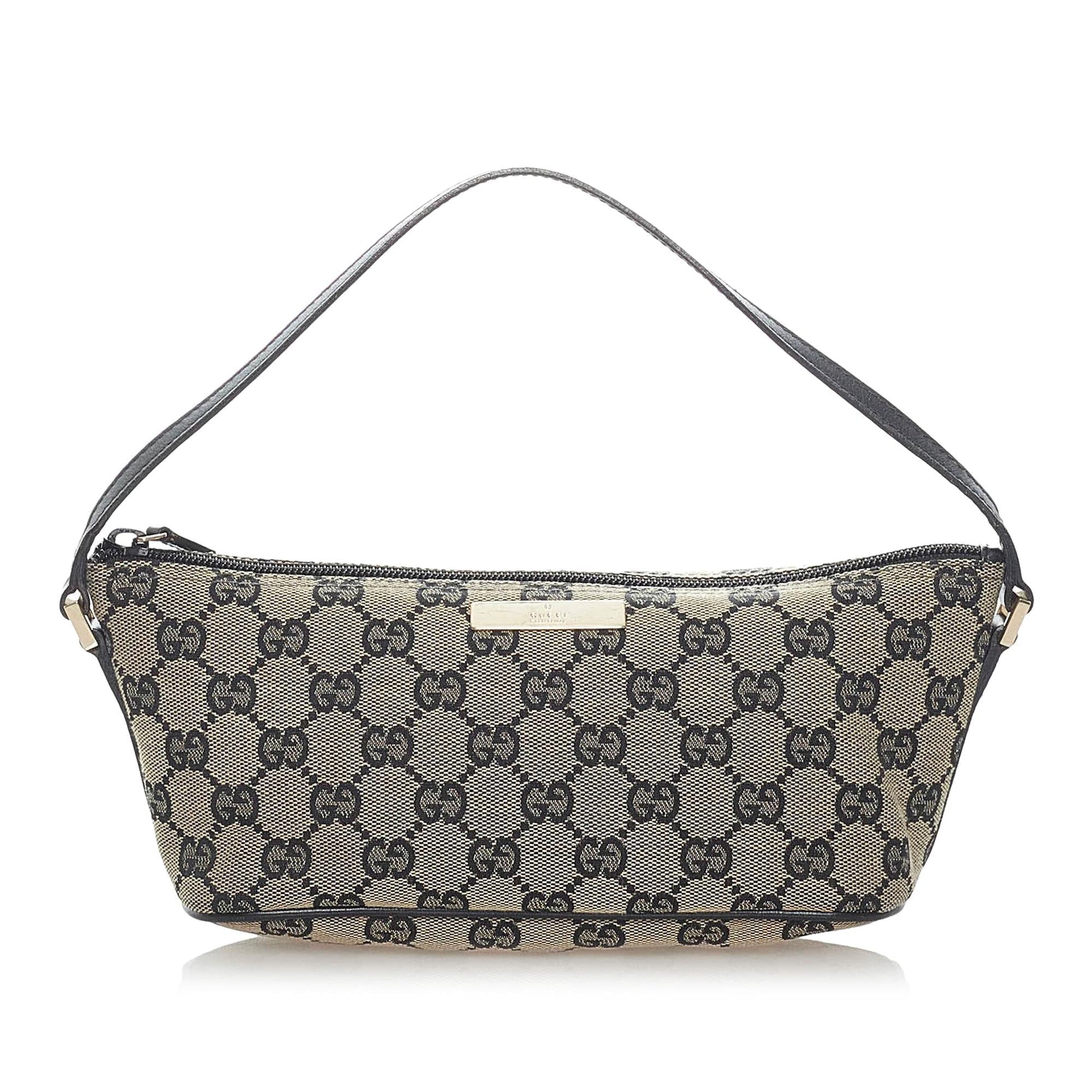 Gucci GG Boat Baguette SHG Canvas Black Brown Handbag