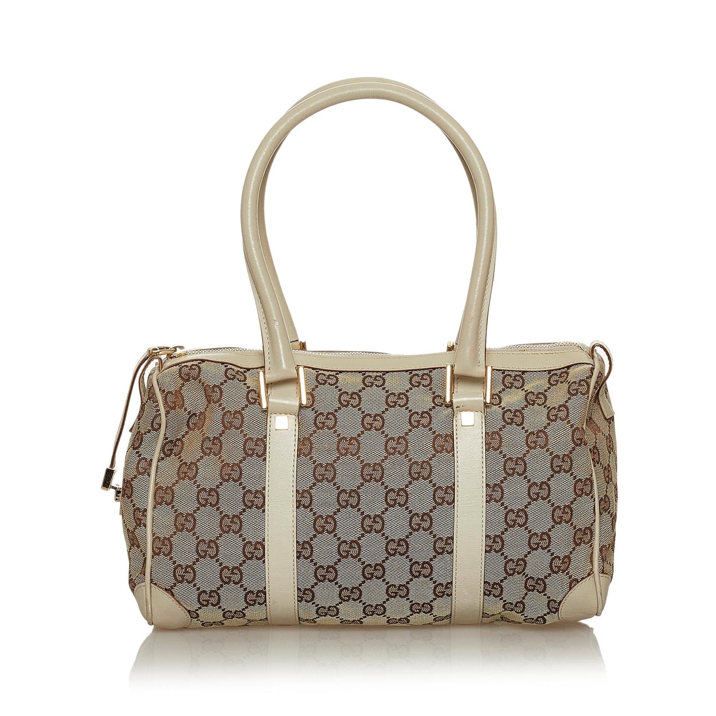 Gucci GG Boston SHG Canvas White Brown Satchel Bag