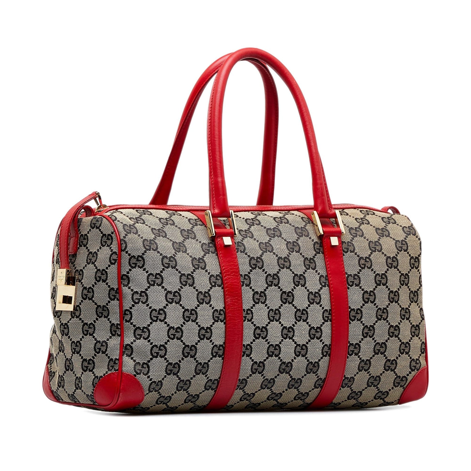 Gucci GG Boston SHG-OKnHH0 Canvas Calf Red Grey Satchel Bag