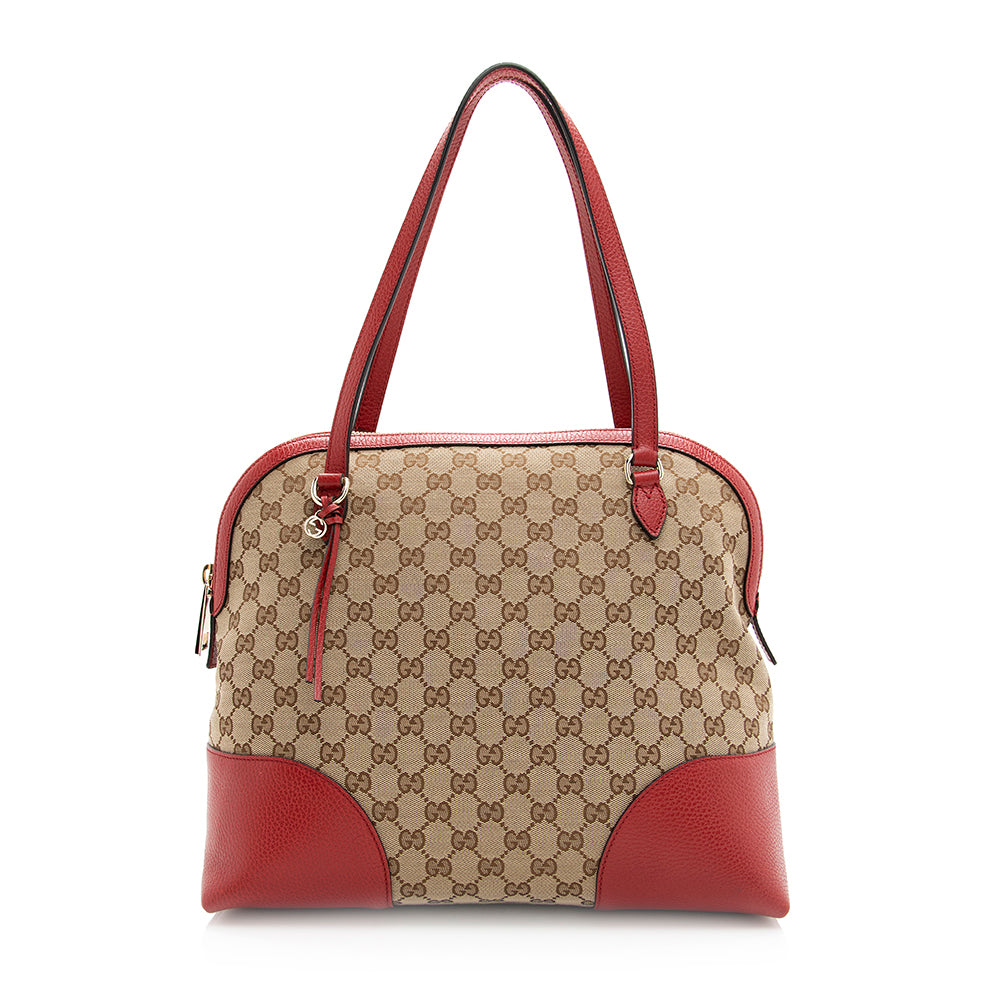 Gucci GG Bree Dome SHF Leather Canvas Beige Red Shoulder Bag