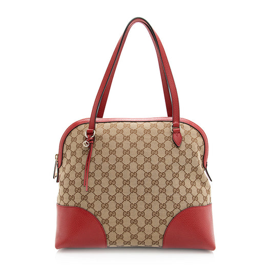 Gucci GG Bree Dome SHF Leather Canvas Beige Red Shoulder Bag