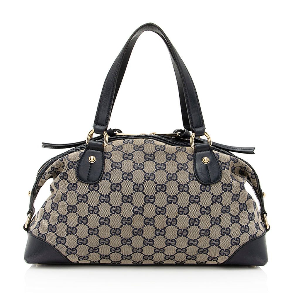 Gucci GG Brick Lane Boston - Leather Canvas Blue Satchel Bag