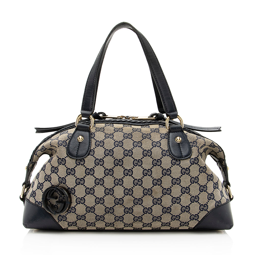 Gucci GG Brick Lane Boston - Leather Canvas Blue Satchel Bag