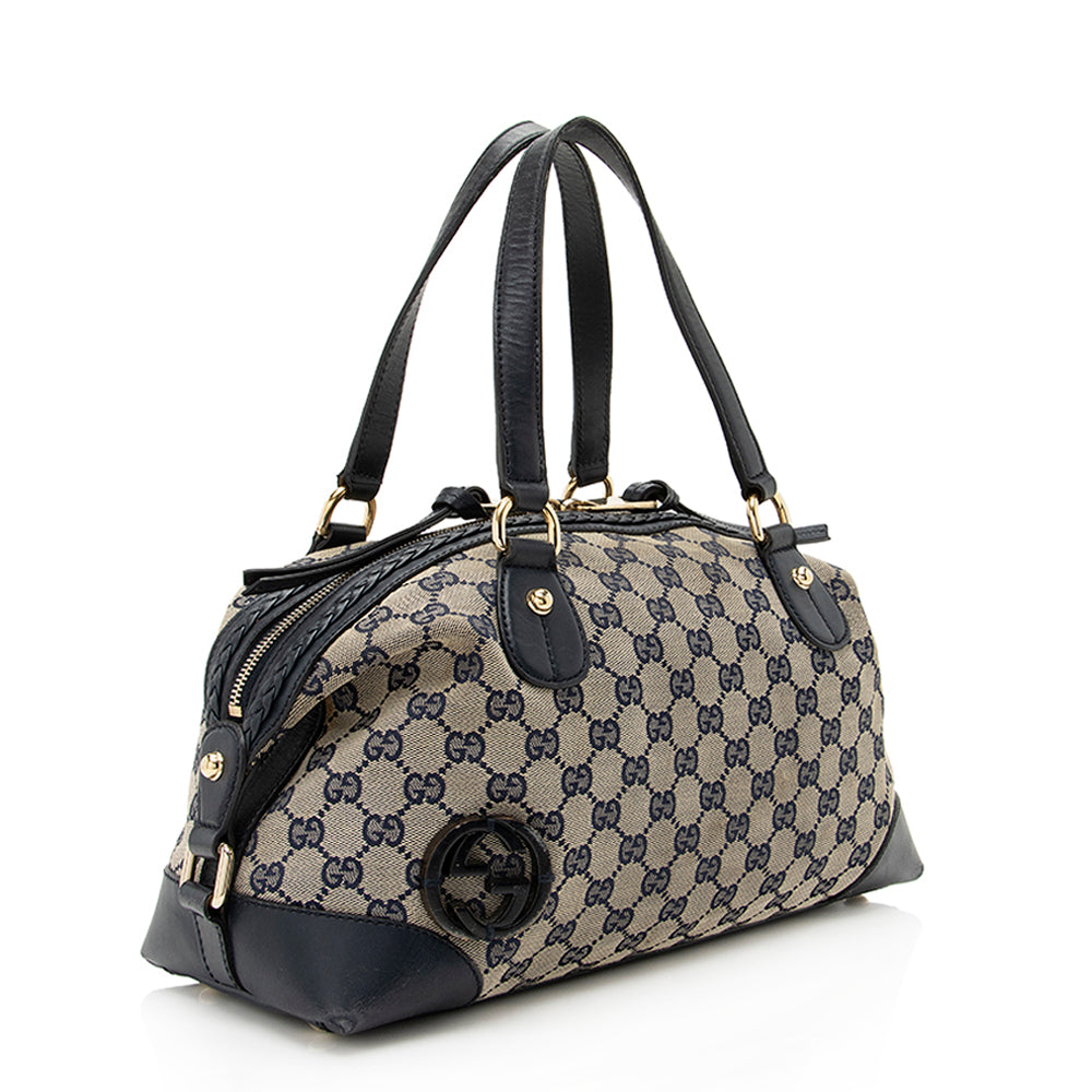 Gucci GG Brick Lane Boston - Leather Canvas Blue Satchel Bag