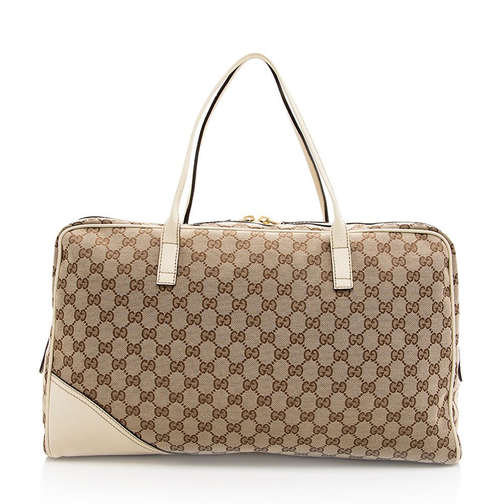 Gucci GG Britt SHF Leather Canvas White Beige Satchel Bag