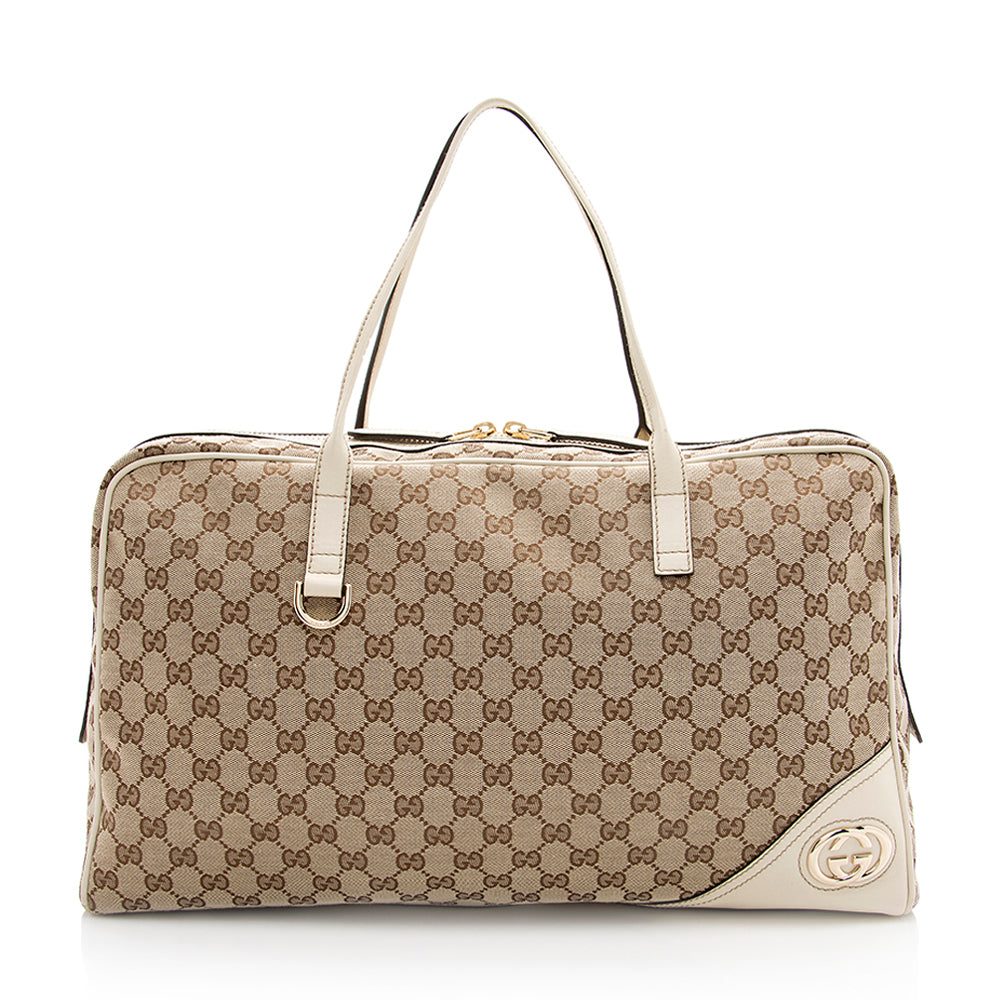 Gucci GG Britt SHF Leather Canvas White Beige Satchel Bag