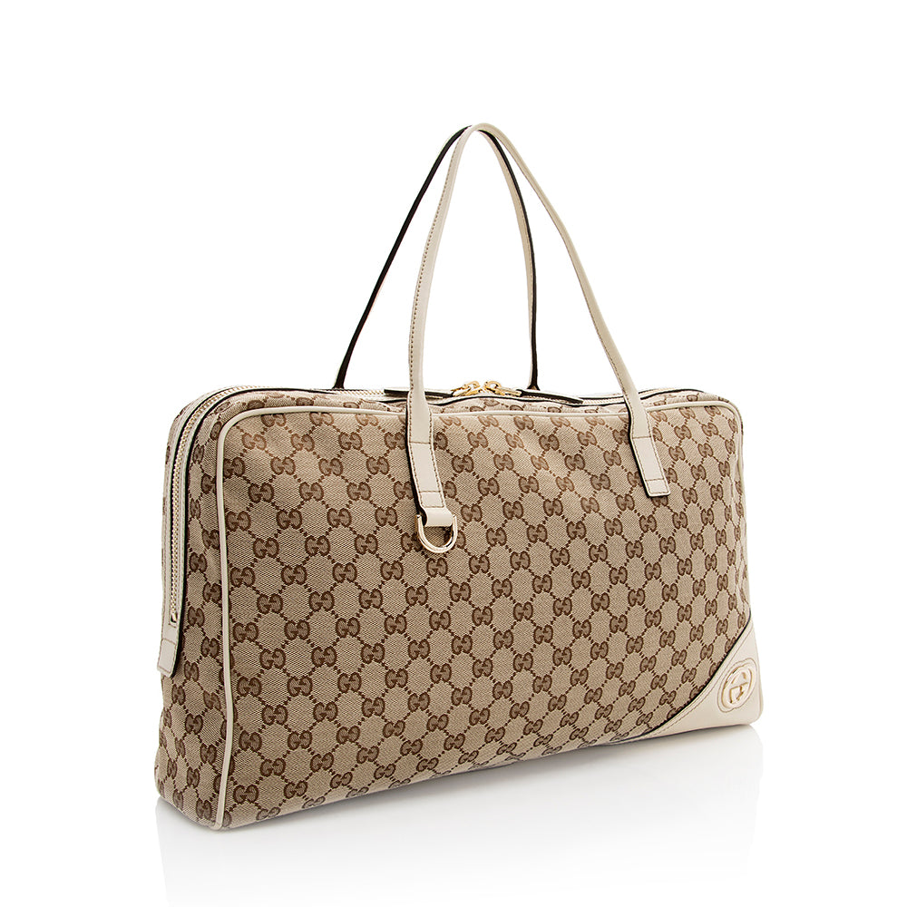 Gucci GG Britt SHF Leather Canvas White Beige Satchel Bag