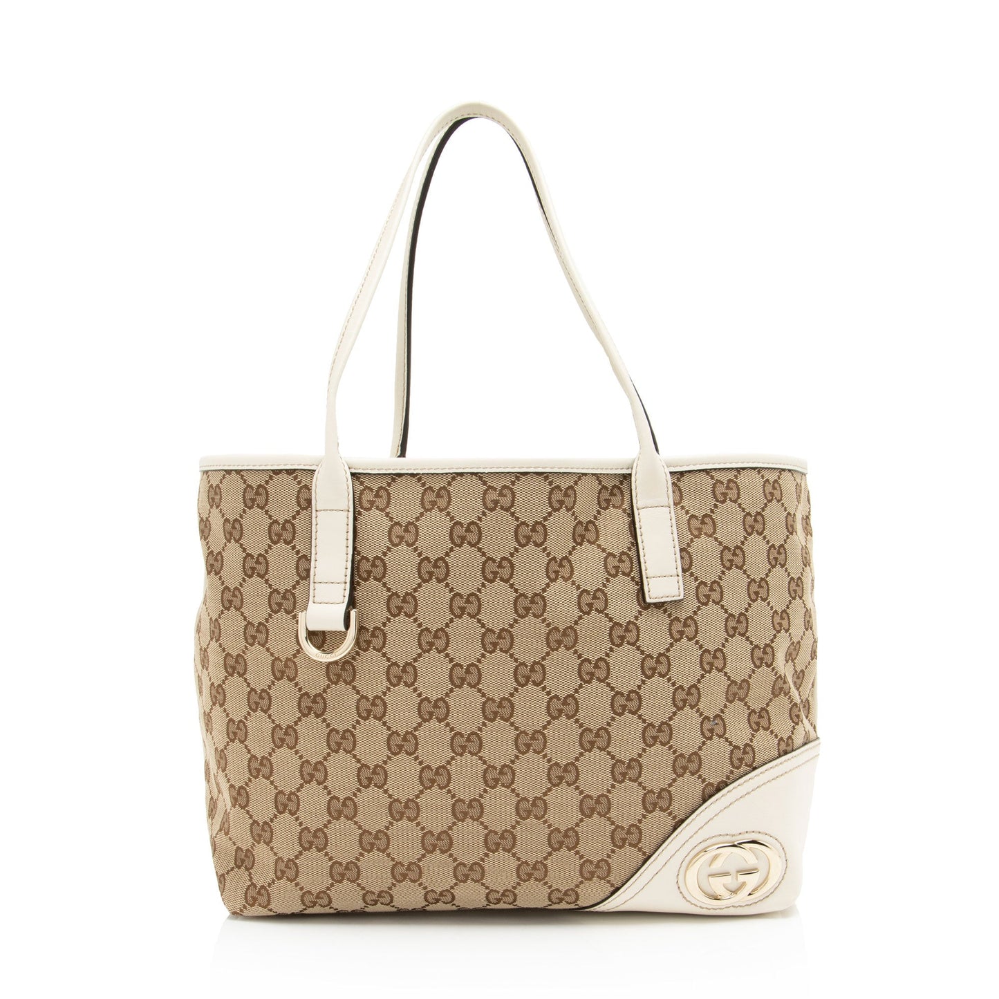 Gucci GG Britt Leather Canvas White Beige Tote Bag