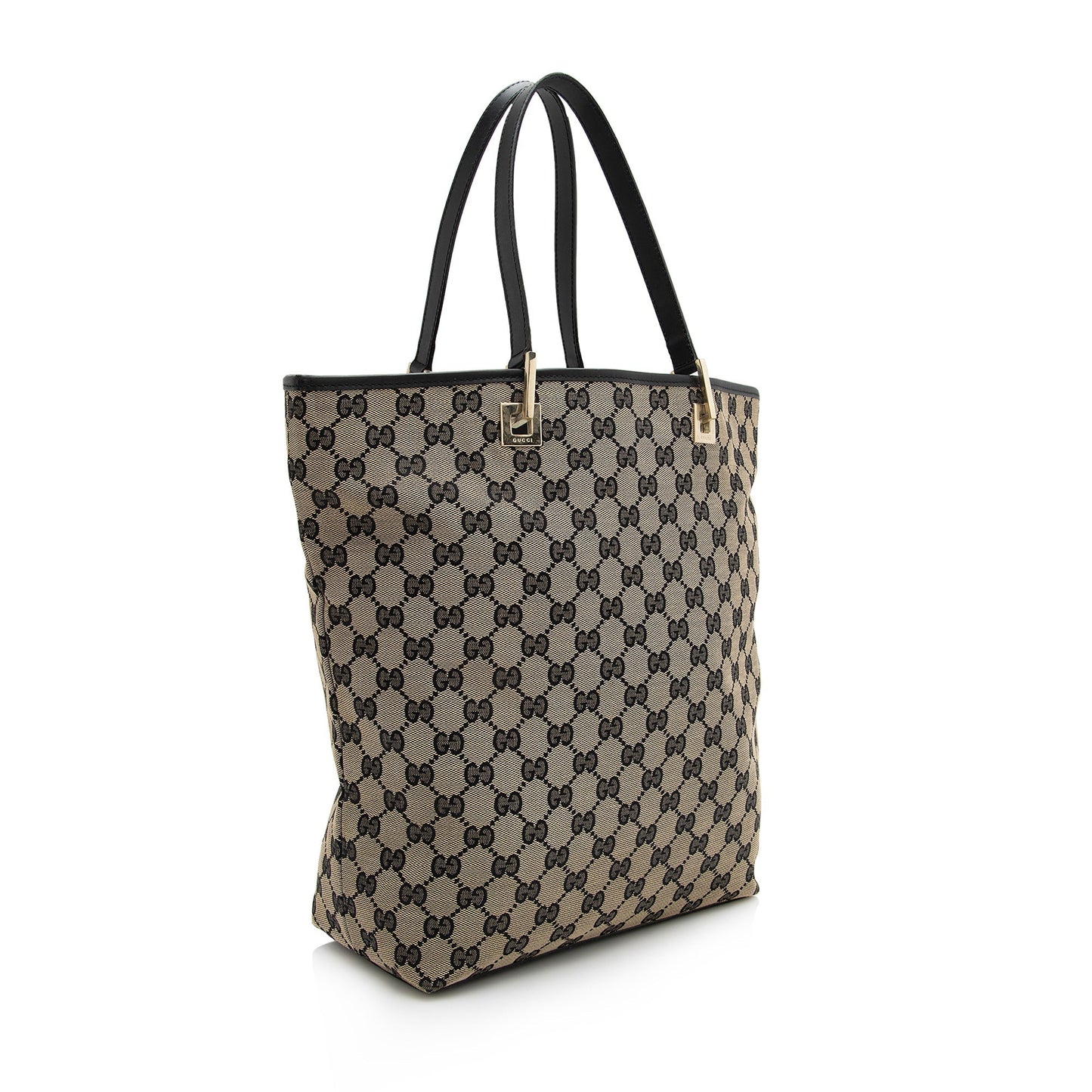 Gucci GG Bucket SHF Leather Canvas Black Beige Tote Bag
