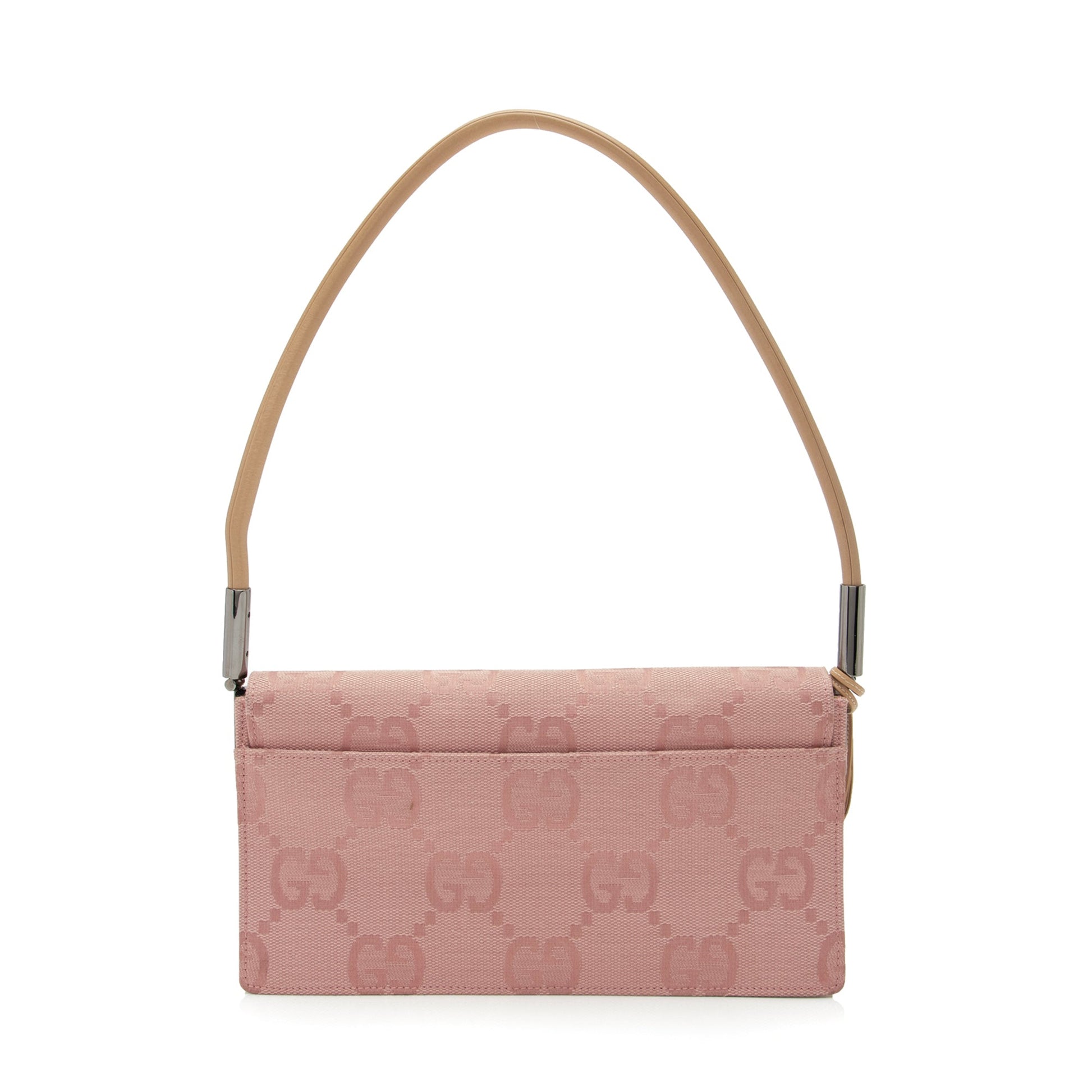 Gucci GG Charm Pochette Flap SHF Leather Canvas Beige Pink Shoulder Bag