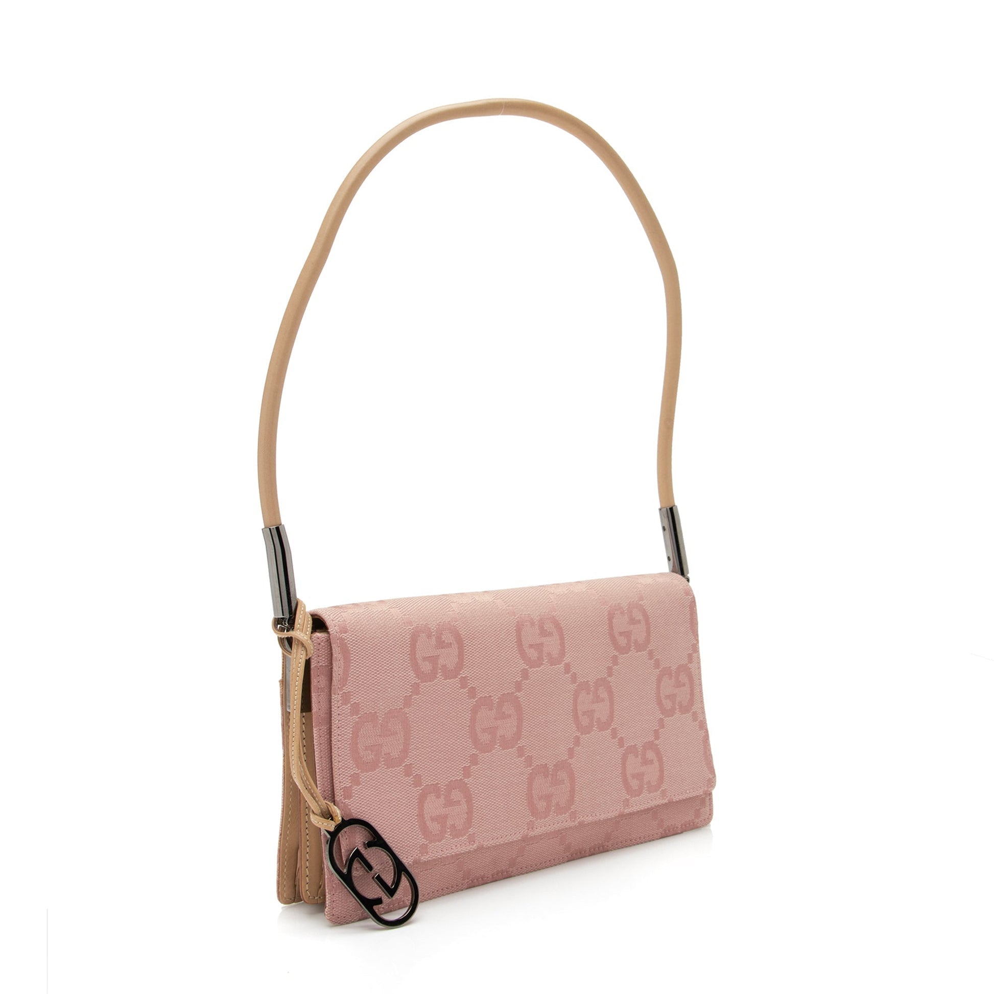 Gucci GG Charm Pochette Flap SHF Leather Canvas Beige Pink Shoulder Bag