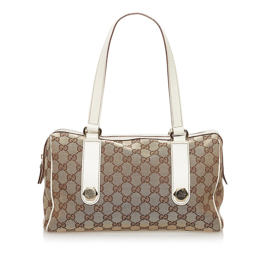Gucci GG Charmy SHG Canvas White Brown Satchel Bag
