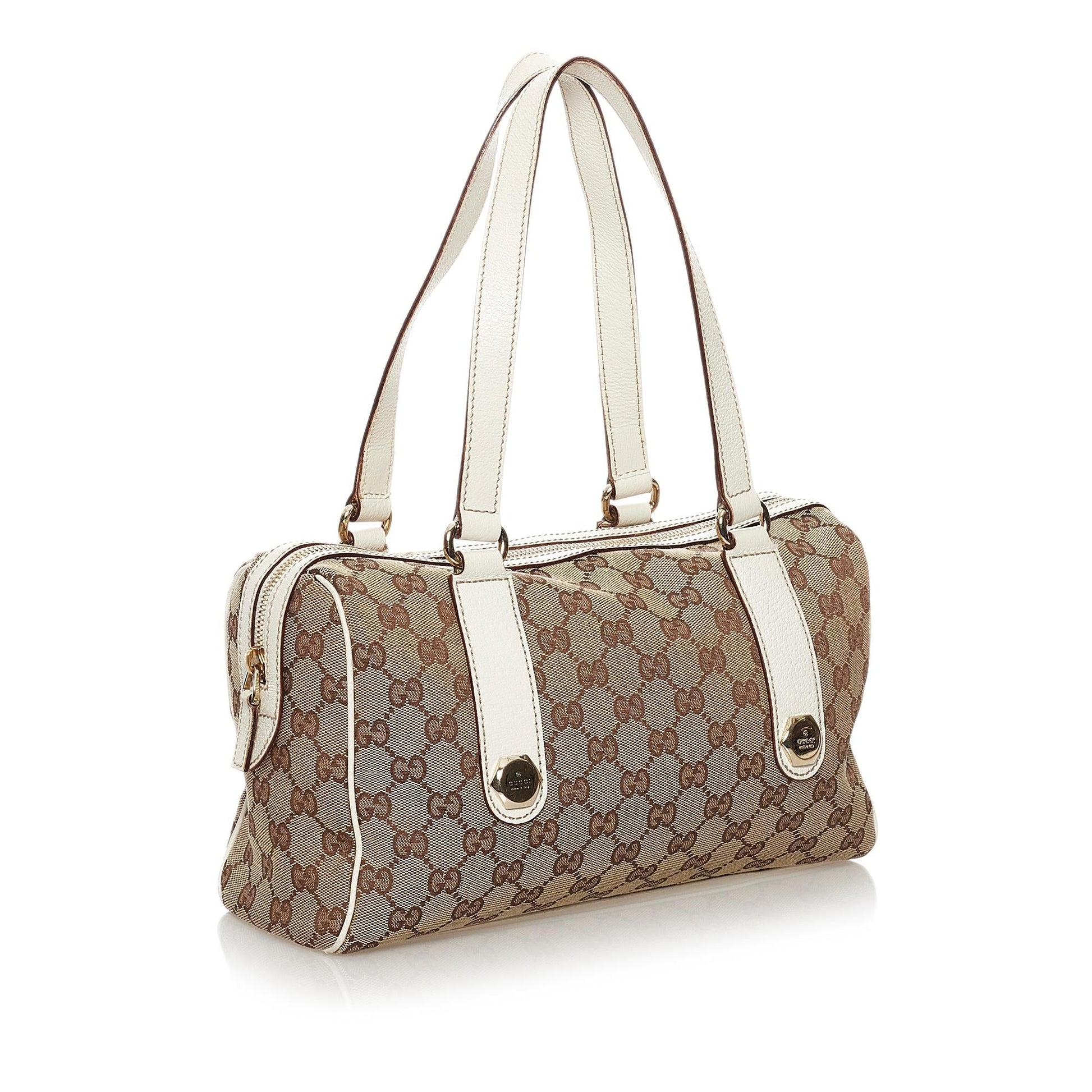 Gucci GG Charmy SHG Canvas White Brown Satchel Bag