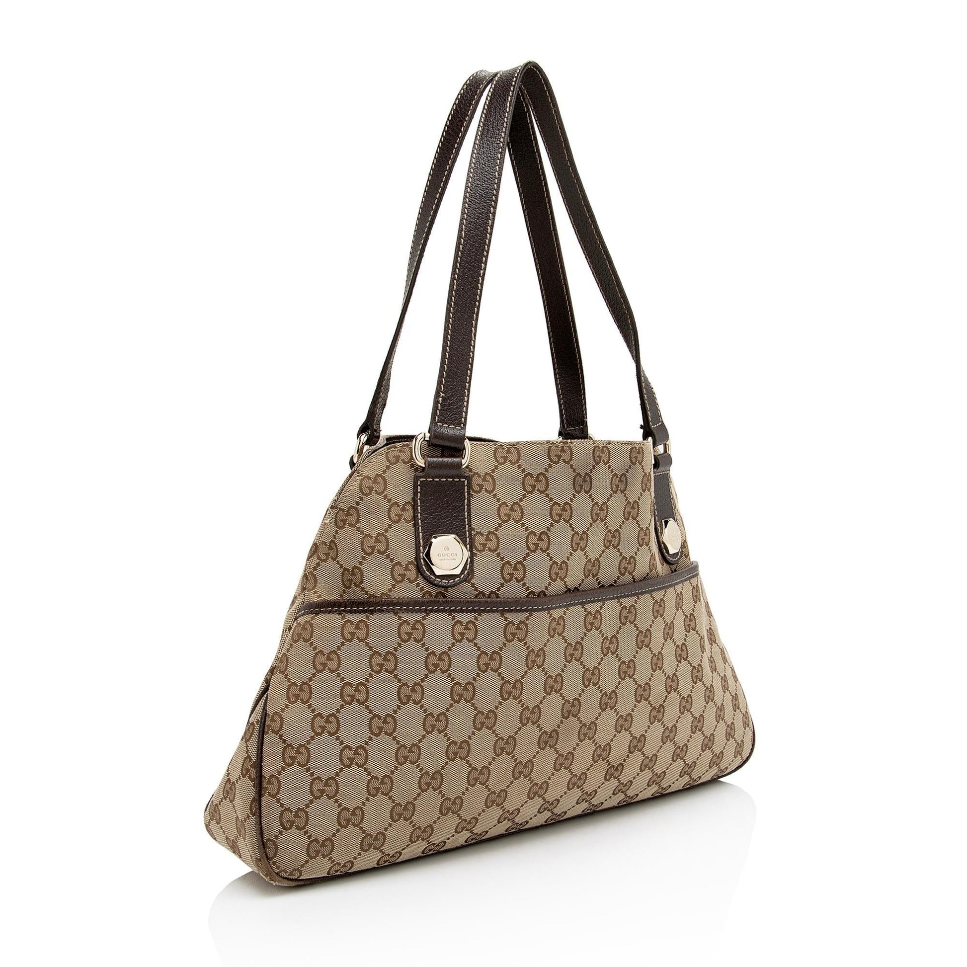 Gucci GG Charmy SHF-9IBSQc Leather Canvas Brown Beige Tote Bag